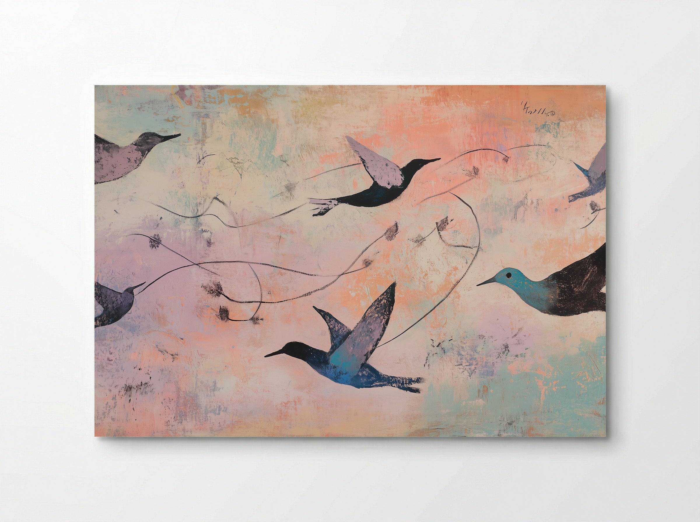 Skyward Drift – Hummingbirds in Flight on Pastel Horizon - Poster