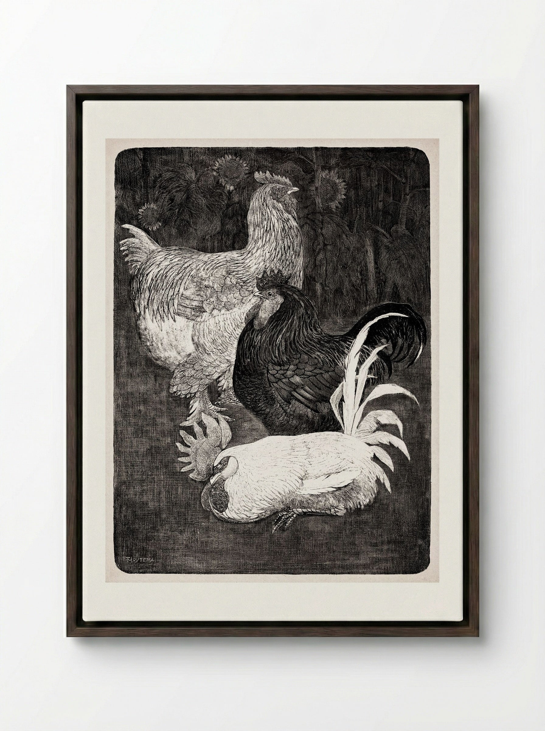 Drie Hanen (Three Roosters) - Theo van Hoytema - Framed Canvas Dark Wood