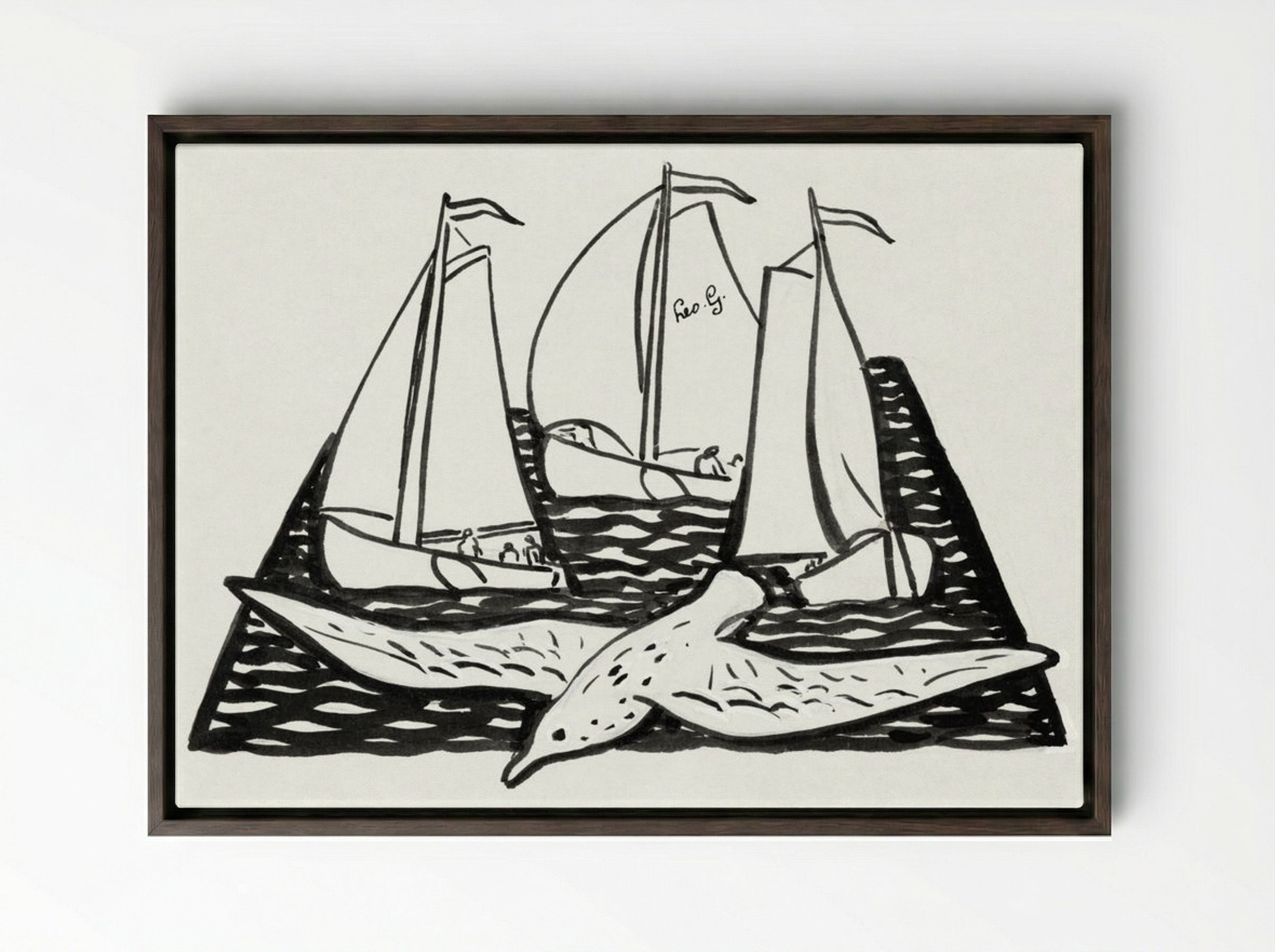Three Sailing Ships and a Seagull - Leo Gestel - Framed Canvas Dark Wood