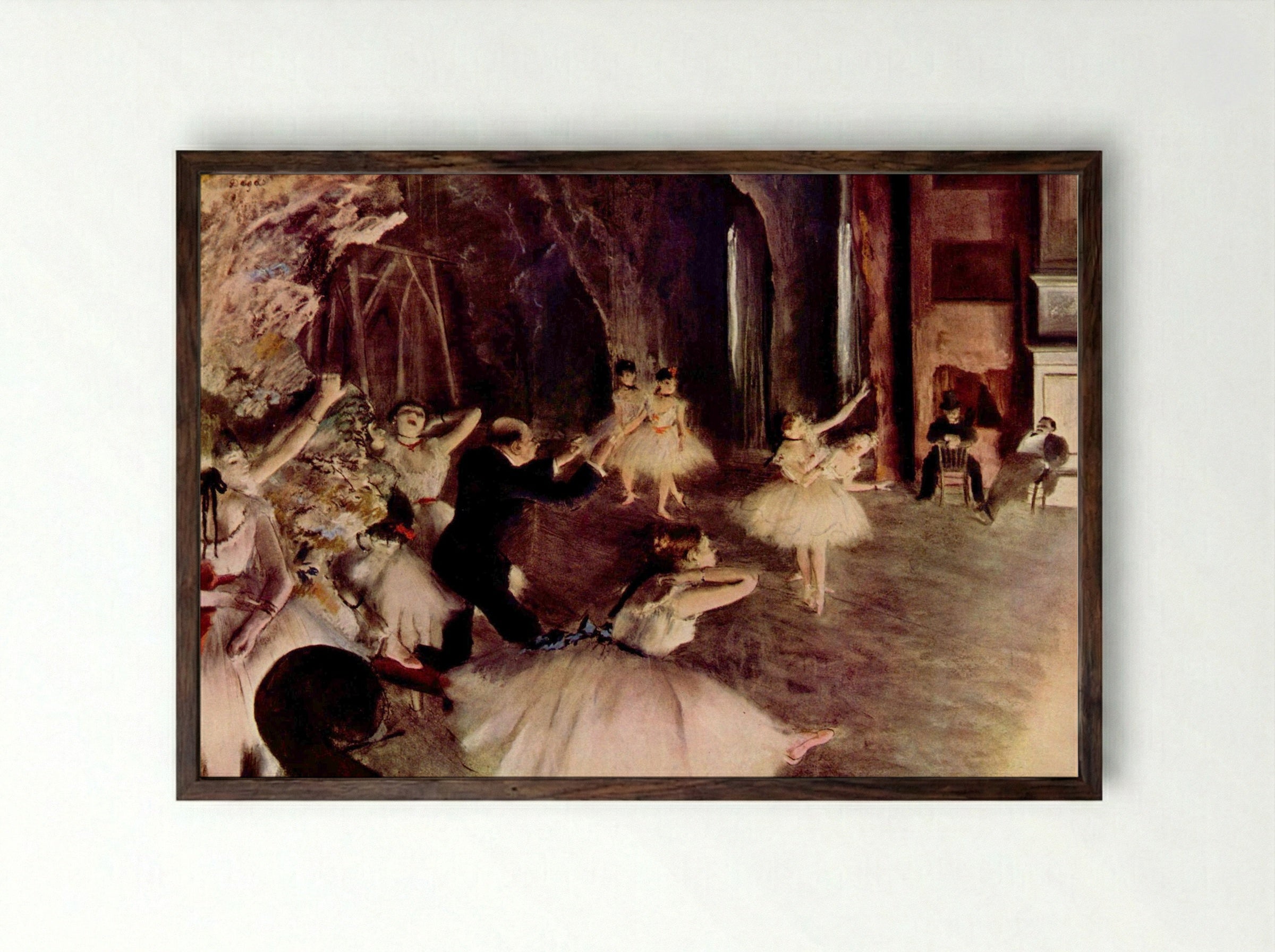 The Rehearsal of the Ballet on Stage - Edgar Degas - Framed Print Dark Wood