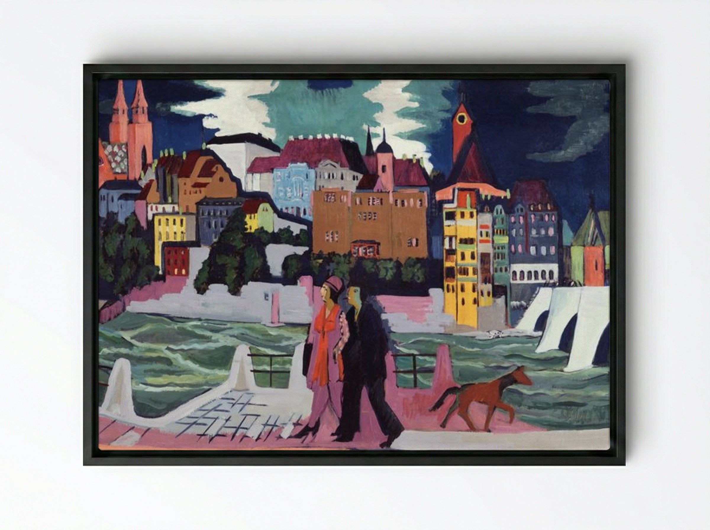 View of Basel and the Rhine - Ernst Ludwig Kirchner - Framed Canvas Black