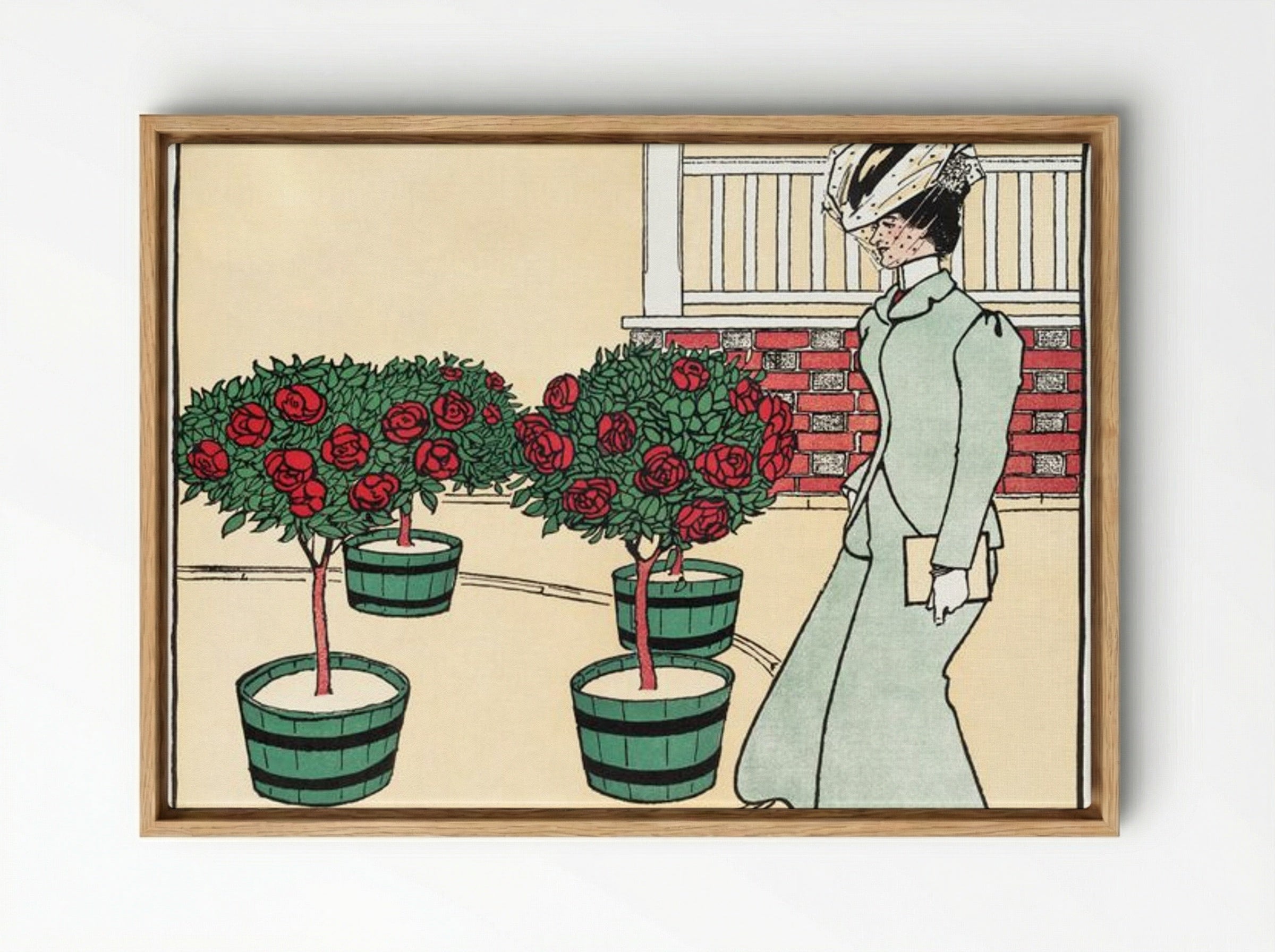 Woman in Rose Garden - Edward Penfield - Framed Canvas Wood