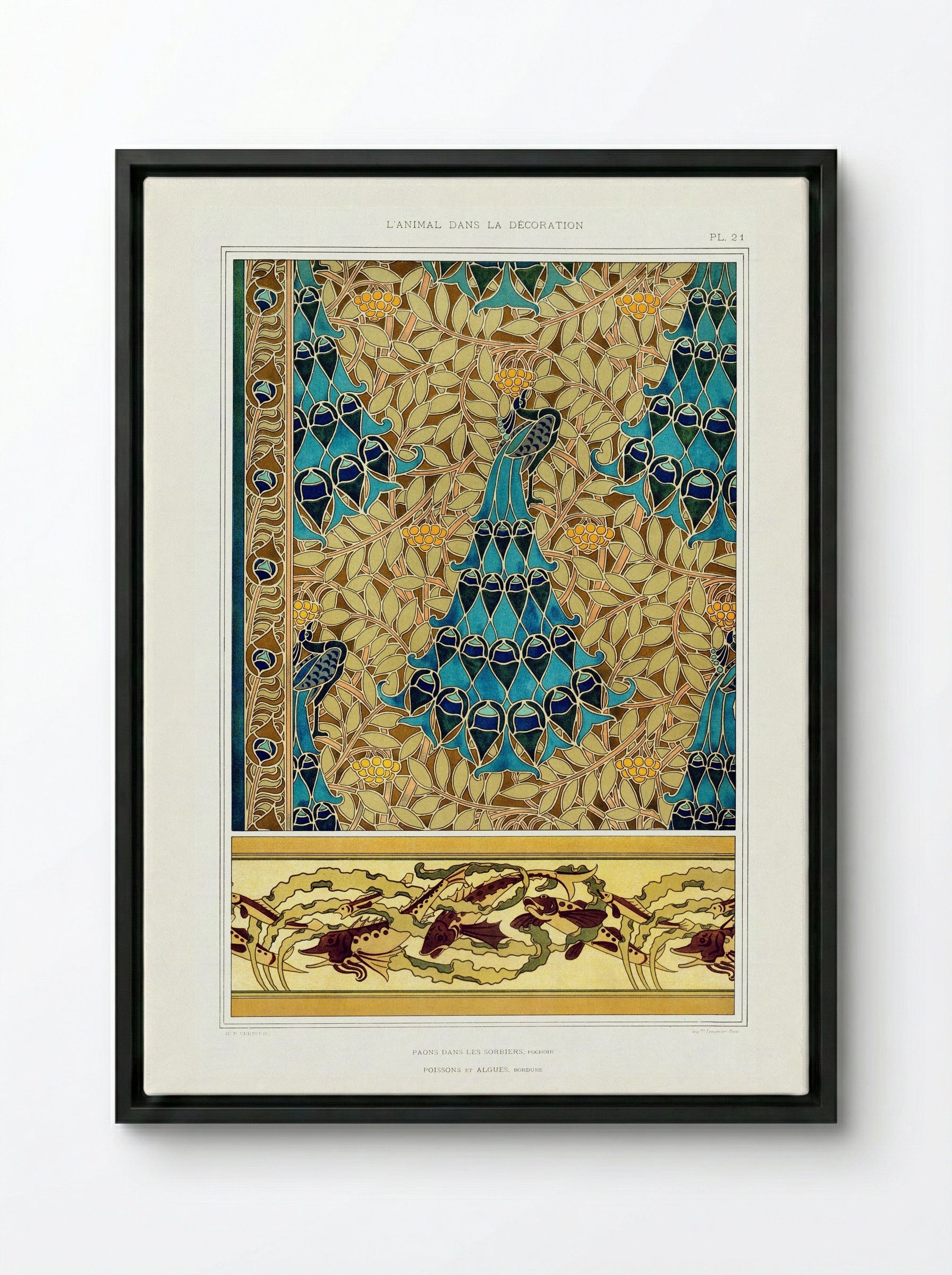 Paons dans les sorbiers, Pochoir; Poissons et algues, Bordure - Maurice Pillard Verneuil - Framed Canvas Black