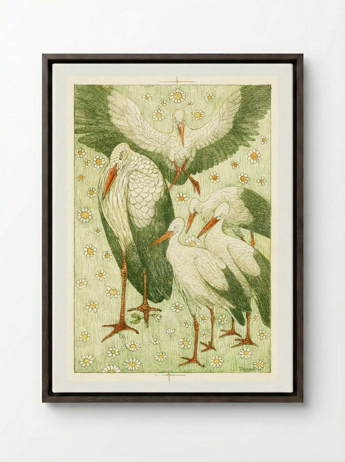 Vijf ooievaars in een wei (Five Storks in a Meadow) - Theo van Hoytema - Framed Canvas Dark Wood