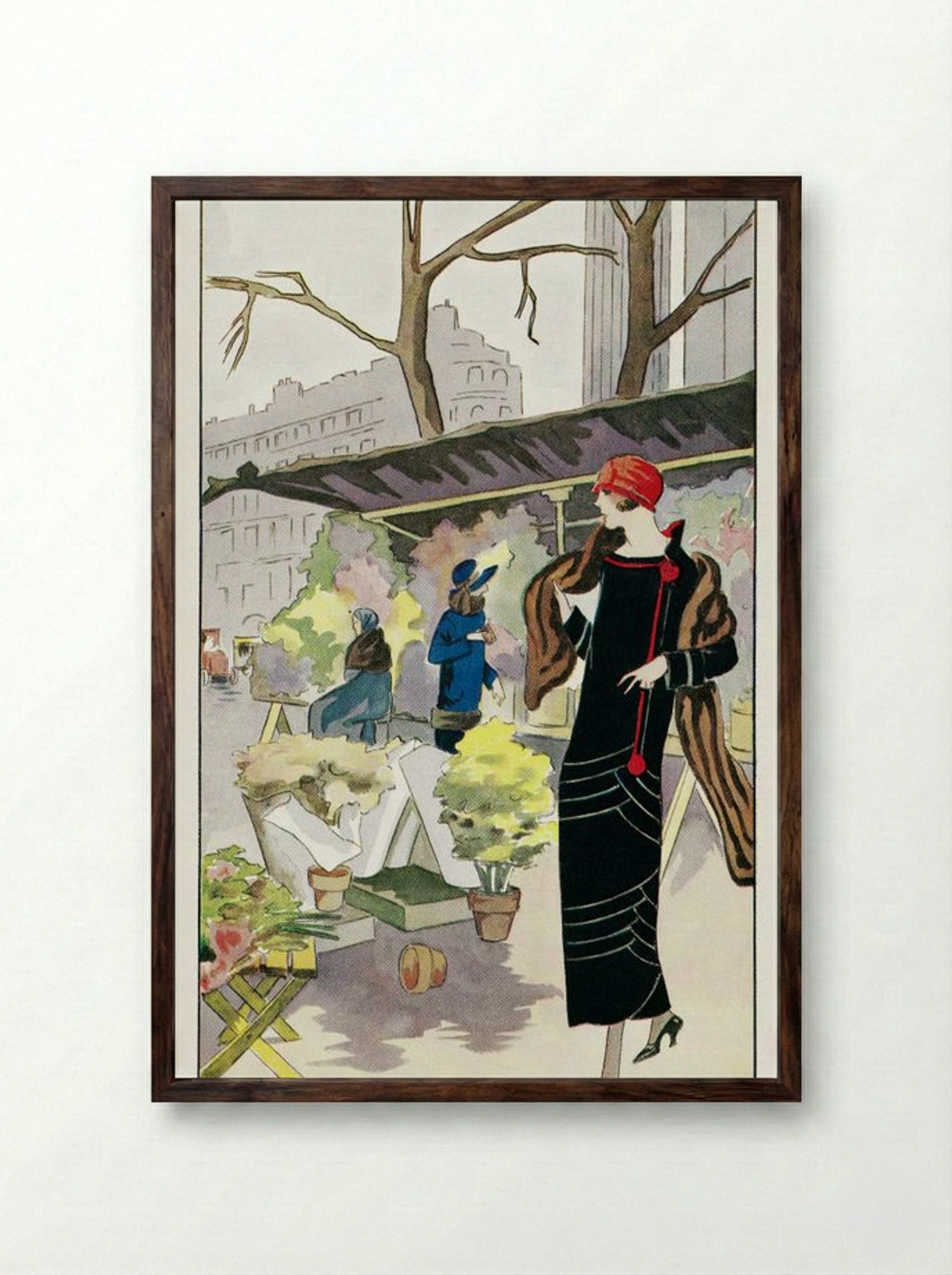 Woman in a Black Velvet Dress at a Flower Stall - Georges Léonnec - Framed Print Dark Wood