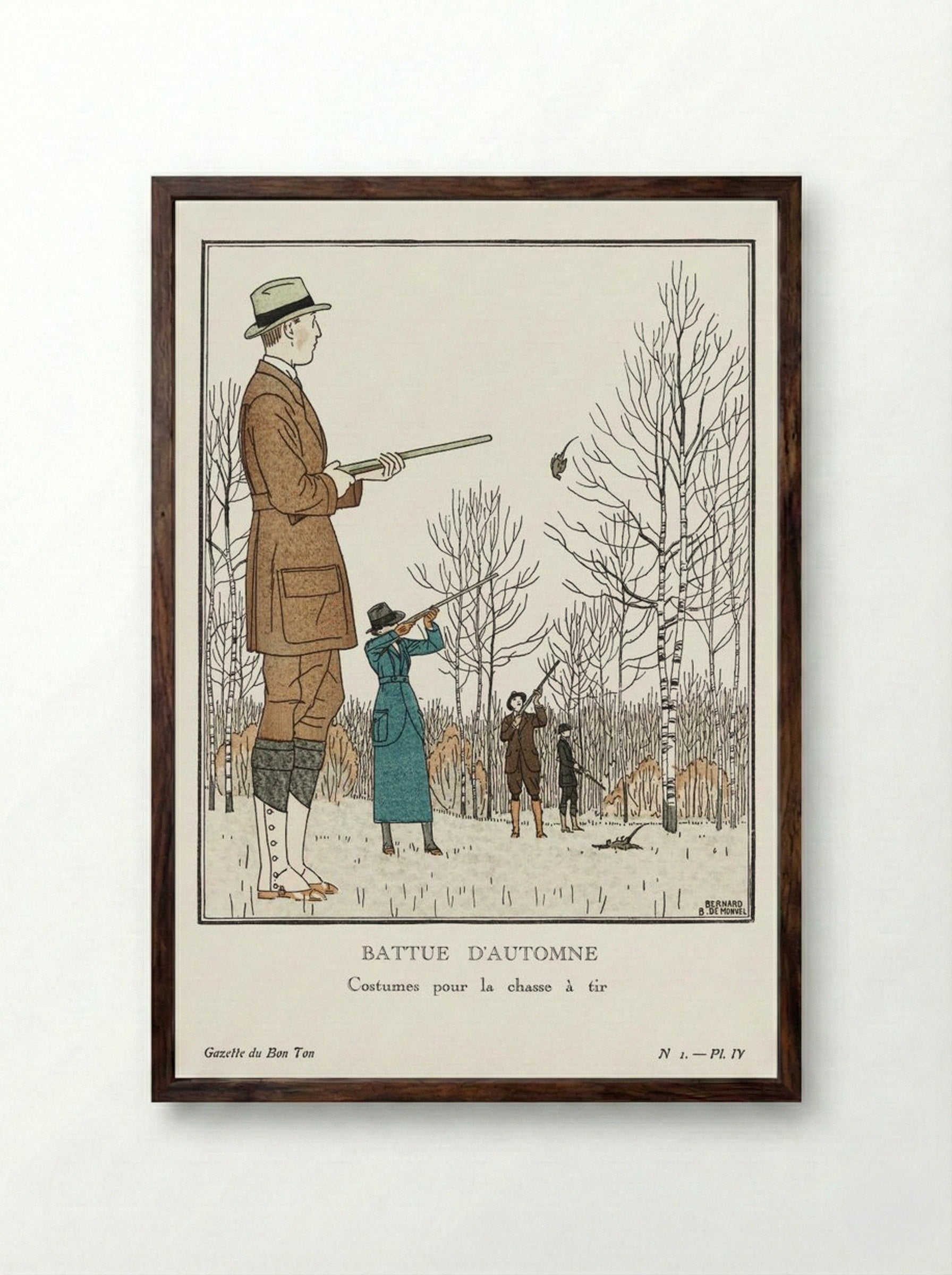 Battue d'Automne (Costumes pour la chasse à tir) - Bernard Boutet de Monvel - Framed Print Dark Wood
