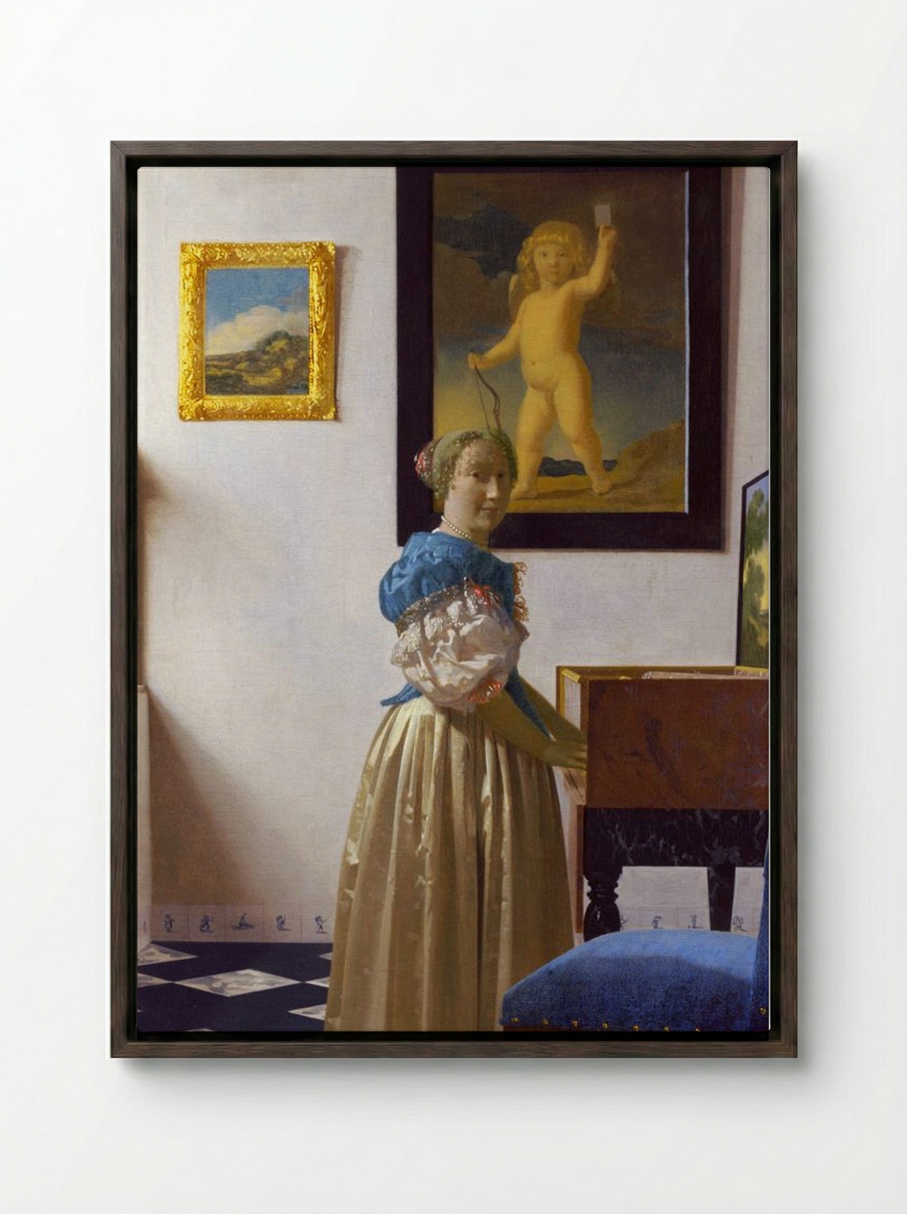 Lady Standing at a Virginal - Johannes Vermeer - Framed Canvas Dark Wood
