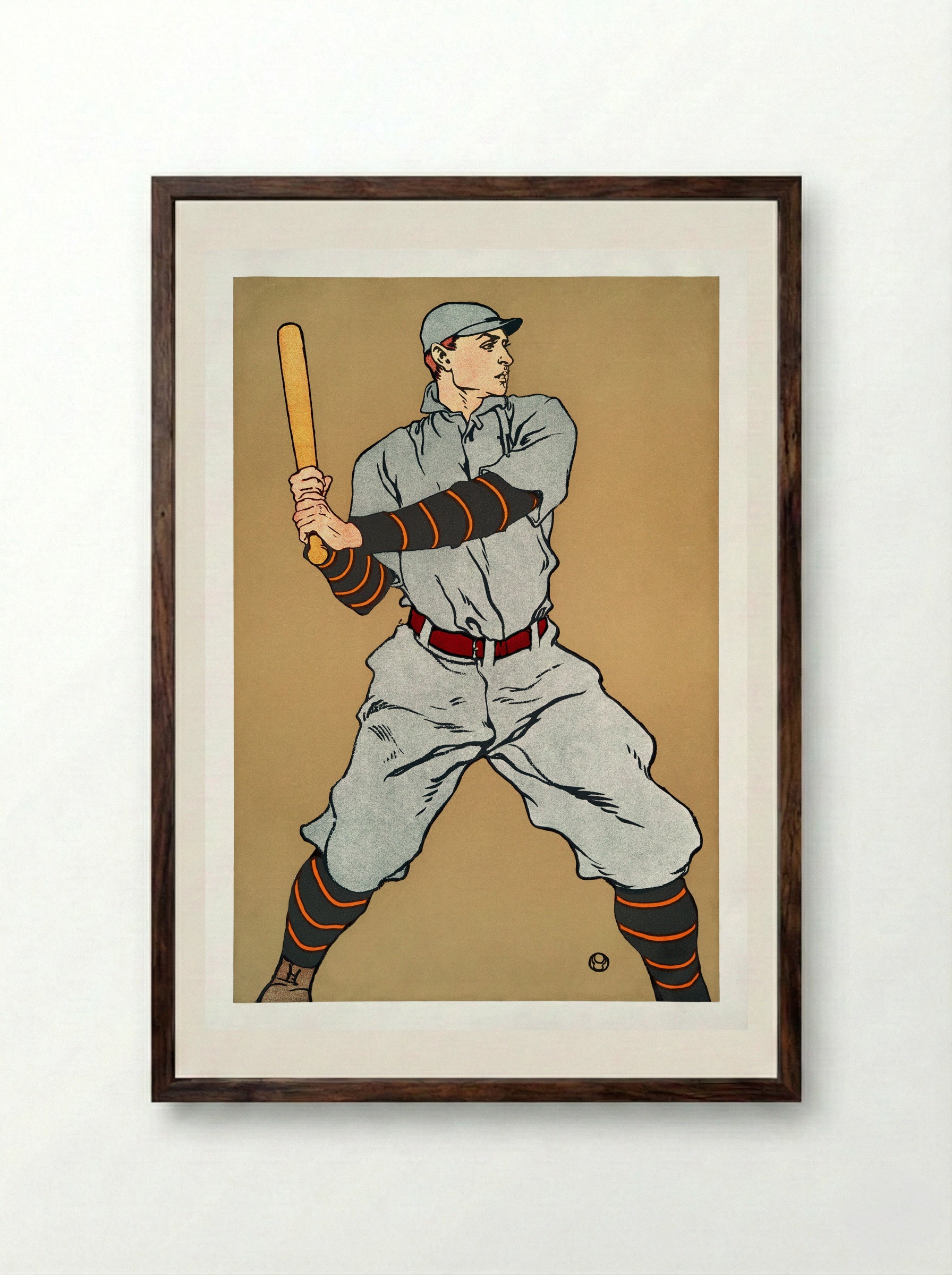 Baseball Player Holding a Bat - Edward Penfield - Framed Print Dark Wood