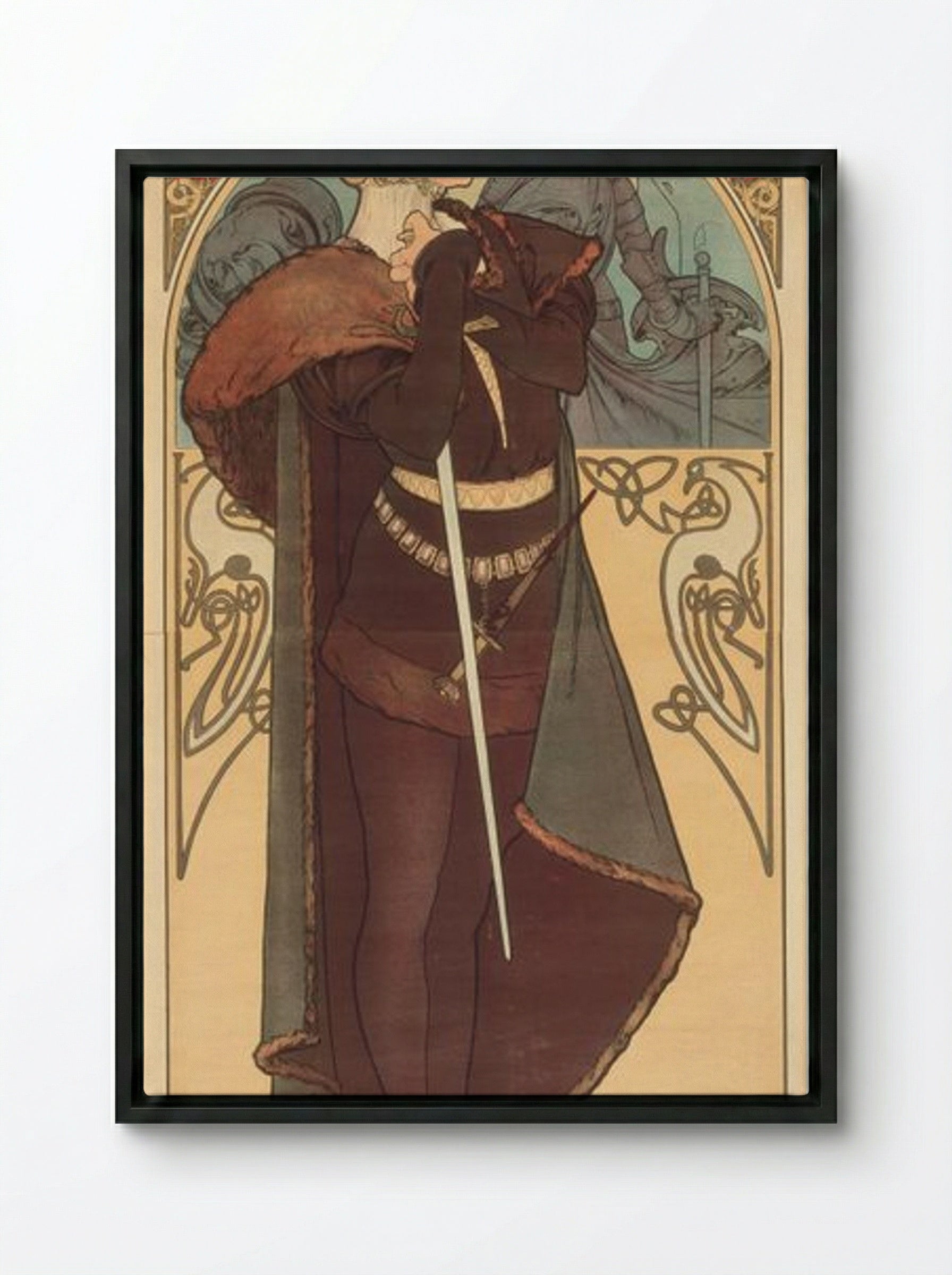 Hamlet, Sarah Bernhardt - Alphonse Mucha - Framed Canvas Black
