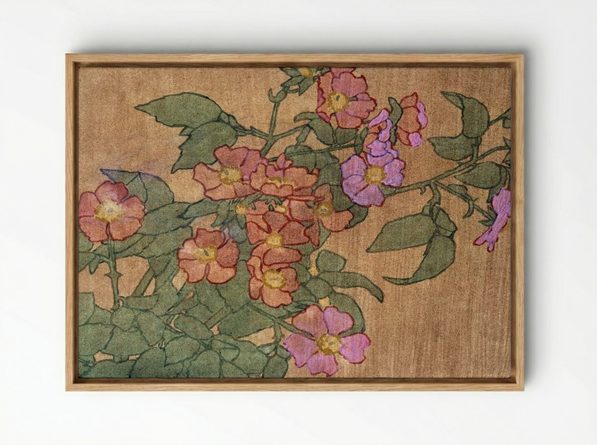 Pink Roses on Terracotta Colour Ground - Hannah Borger Overbeck - Framed Canvas Wood