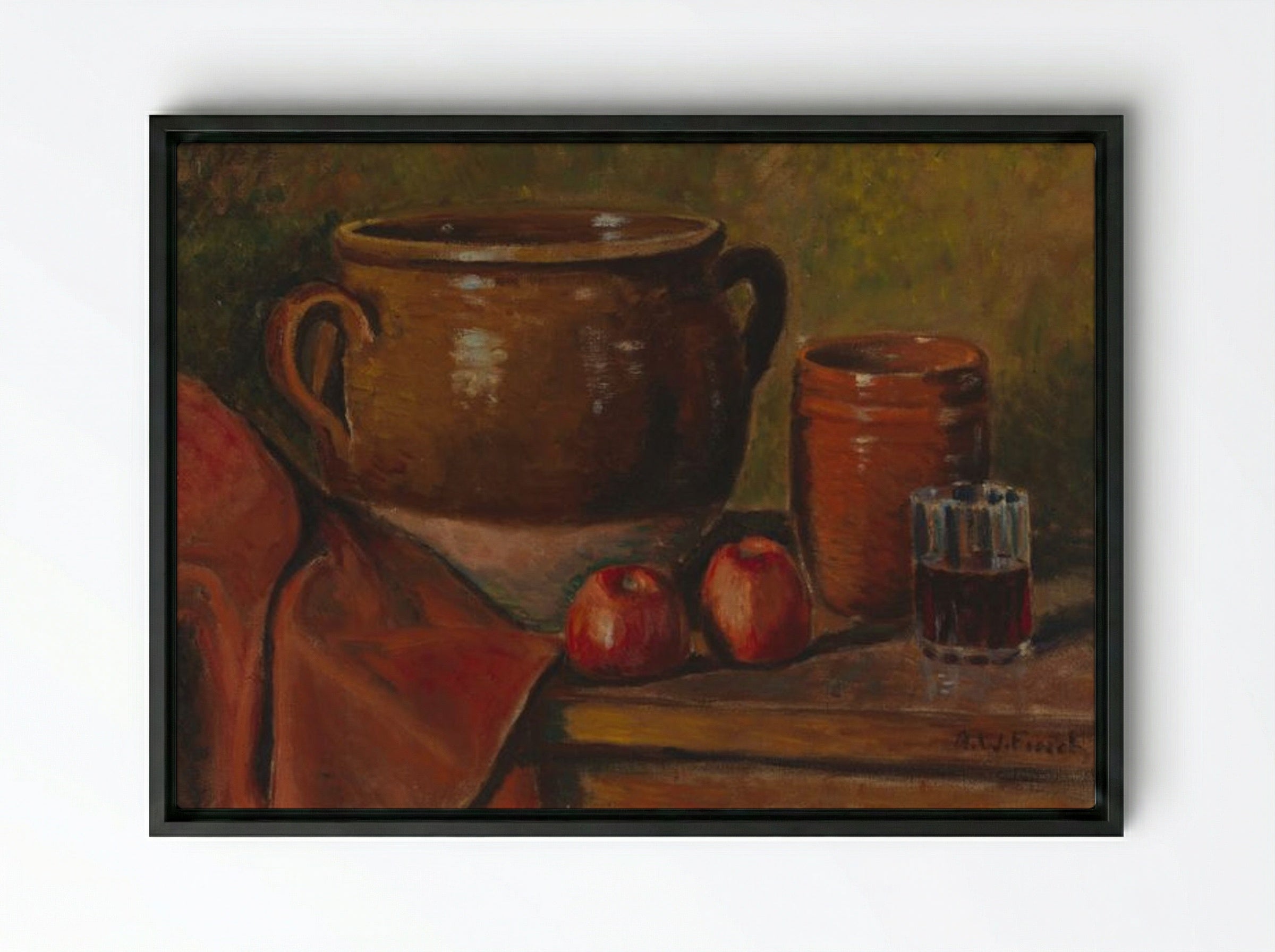 Still Life with Pottery and Apples - Alfred William Finch - Framed Canvas Black