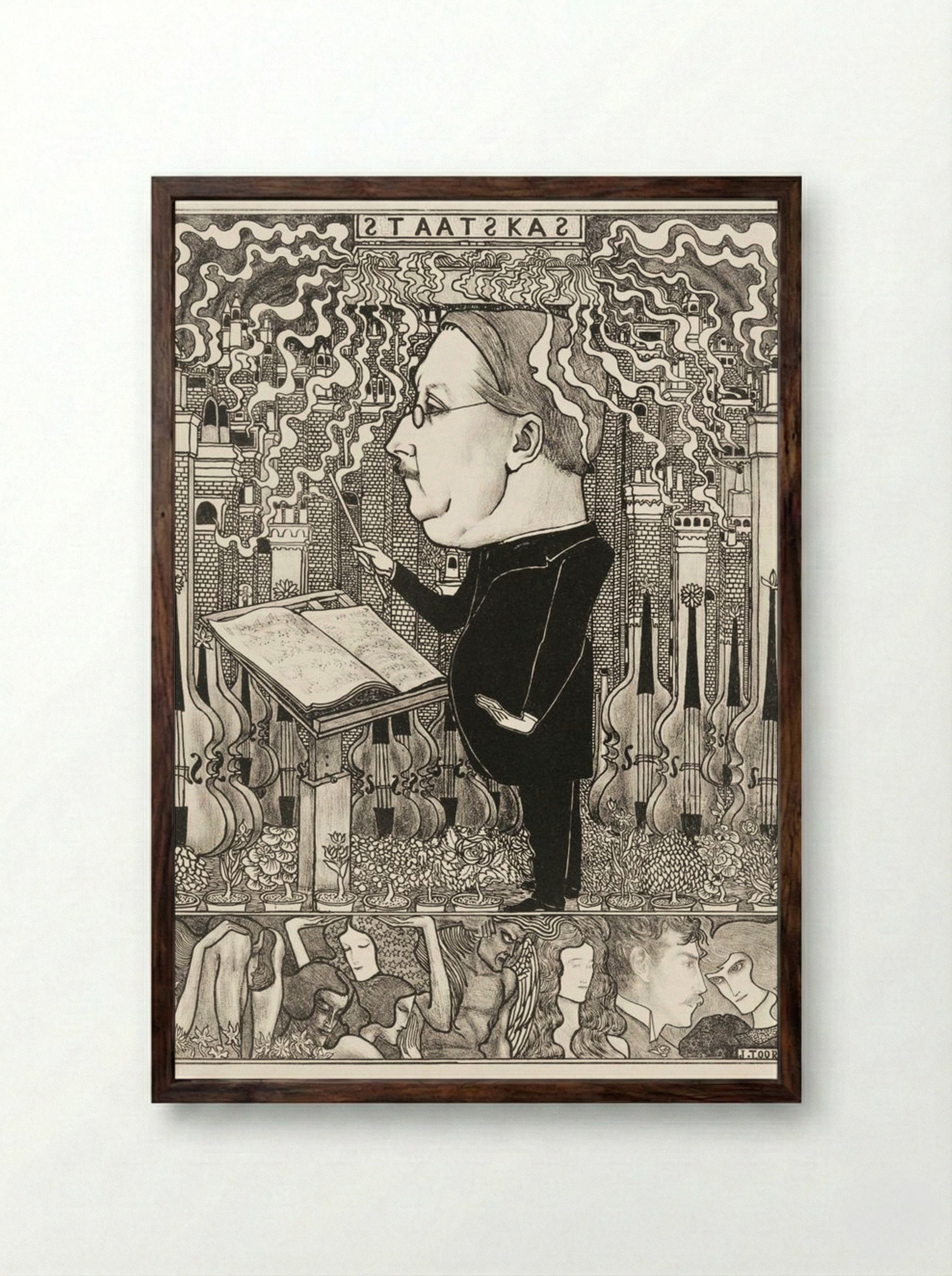 Conductor with Violins and Smoking Chimneys Behind - Jan Toorop - Framed Print Dark Wood