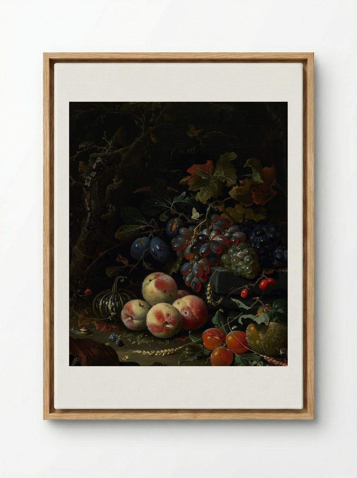 Still Life with Fruit, Foliage, and Insects - Abraham Mignon - Framed Canvas Wood