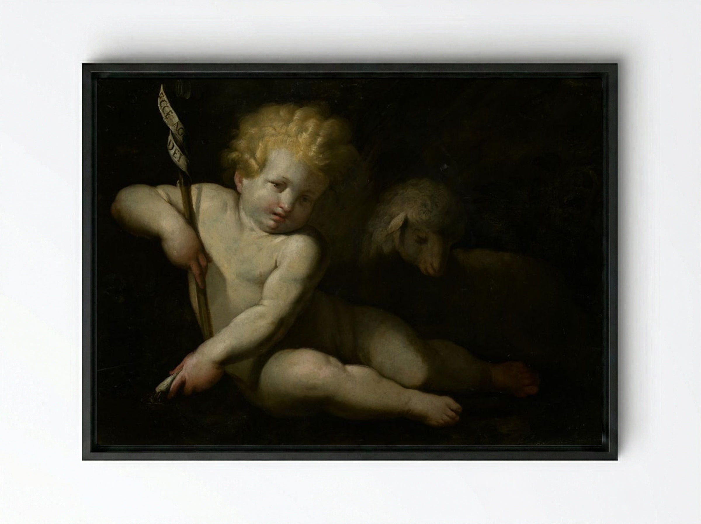 Ecce Agnus Dei (Infant Saint John the Baptist with Lamb) - Bartolomé Esteban Murillo - Framed Canvas Black