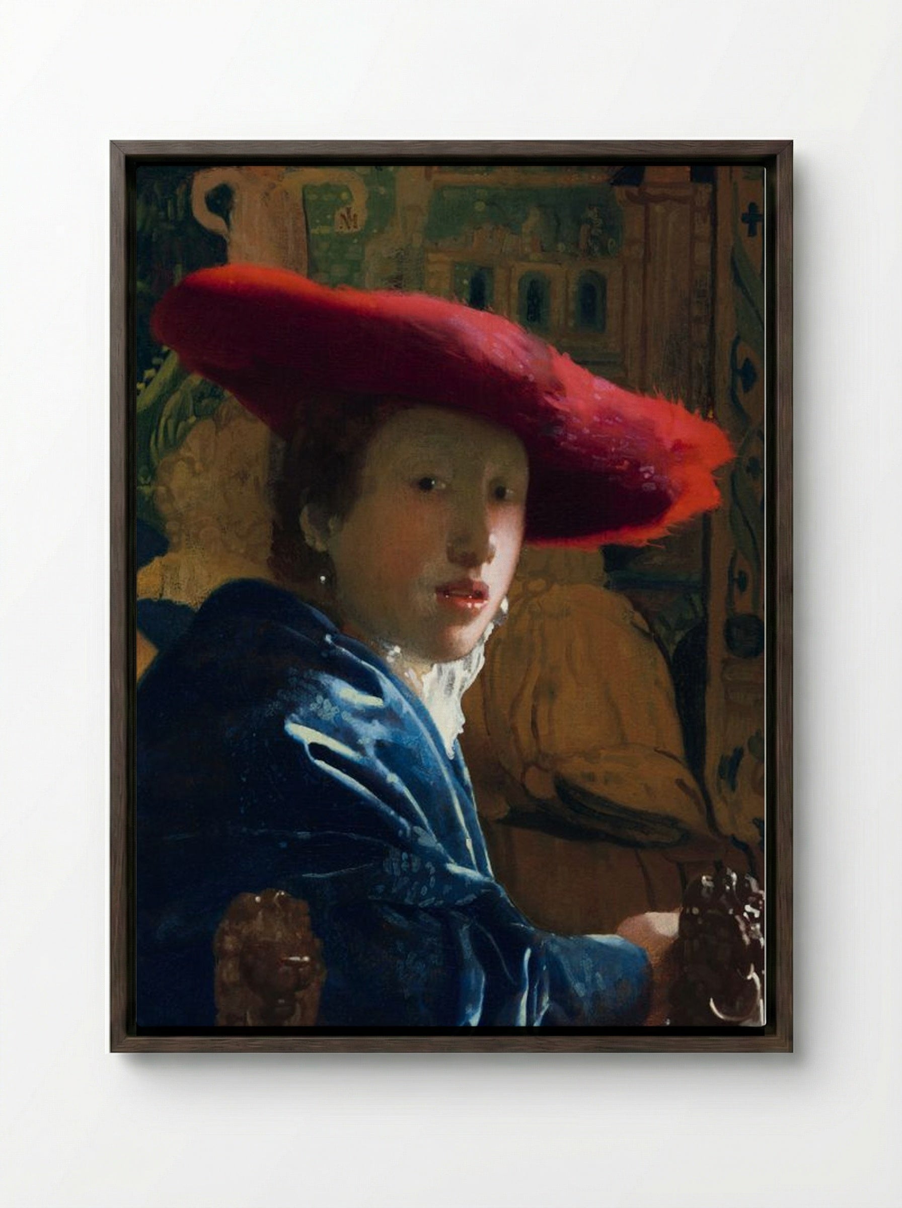 Girl with a Red Hat - Johannes Vermeer - Framed Canvas Dark Wood