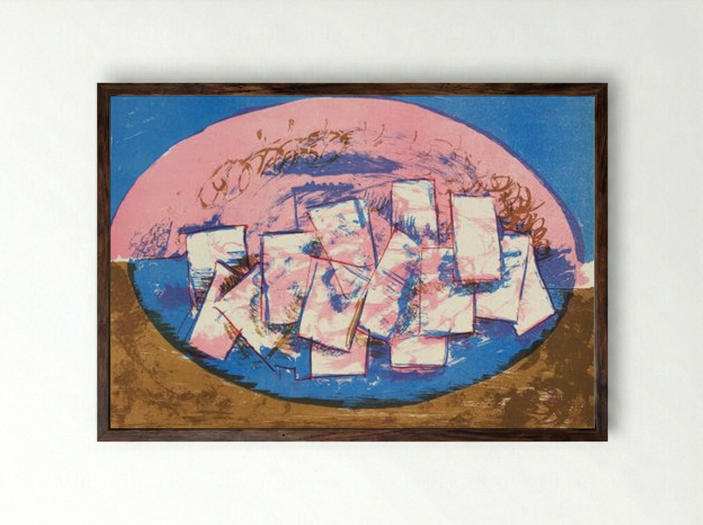 Blue and Pink Ellipse with Squares on Brown and Blue Background - Vilhelm Lundstrøm - Framed Print Dark Wood