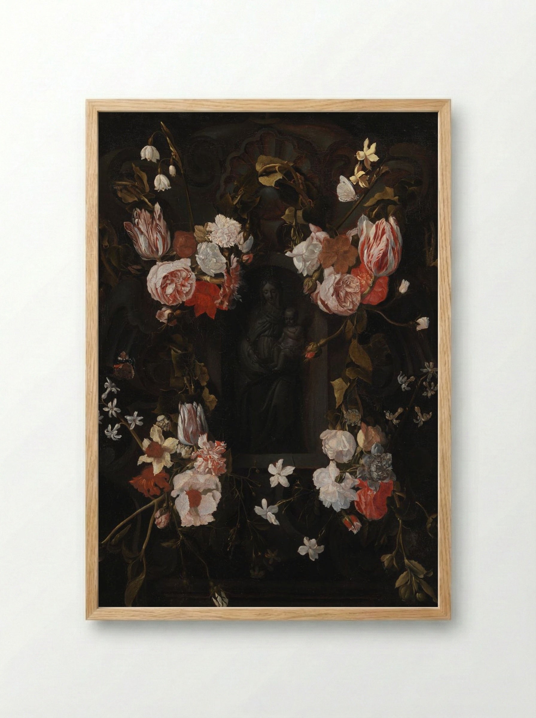A Flower-Wreathed Niche with a Stone Figure of the Madonna - Fine Art Print - Framed Print Wood