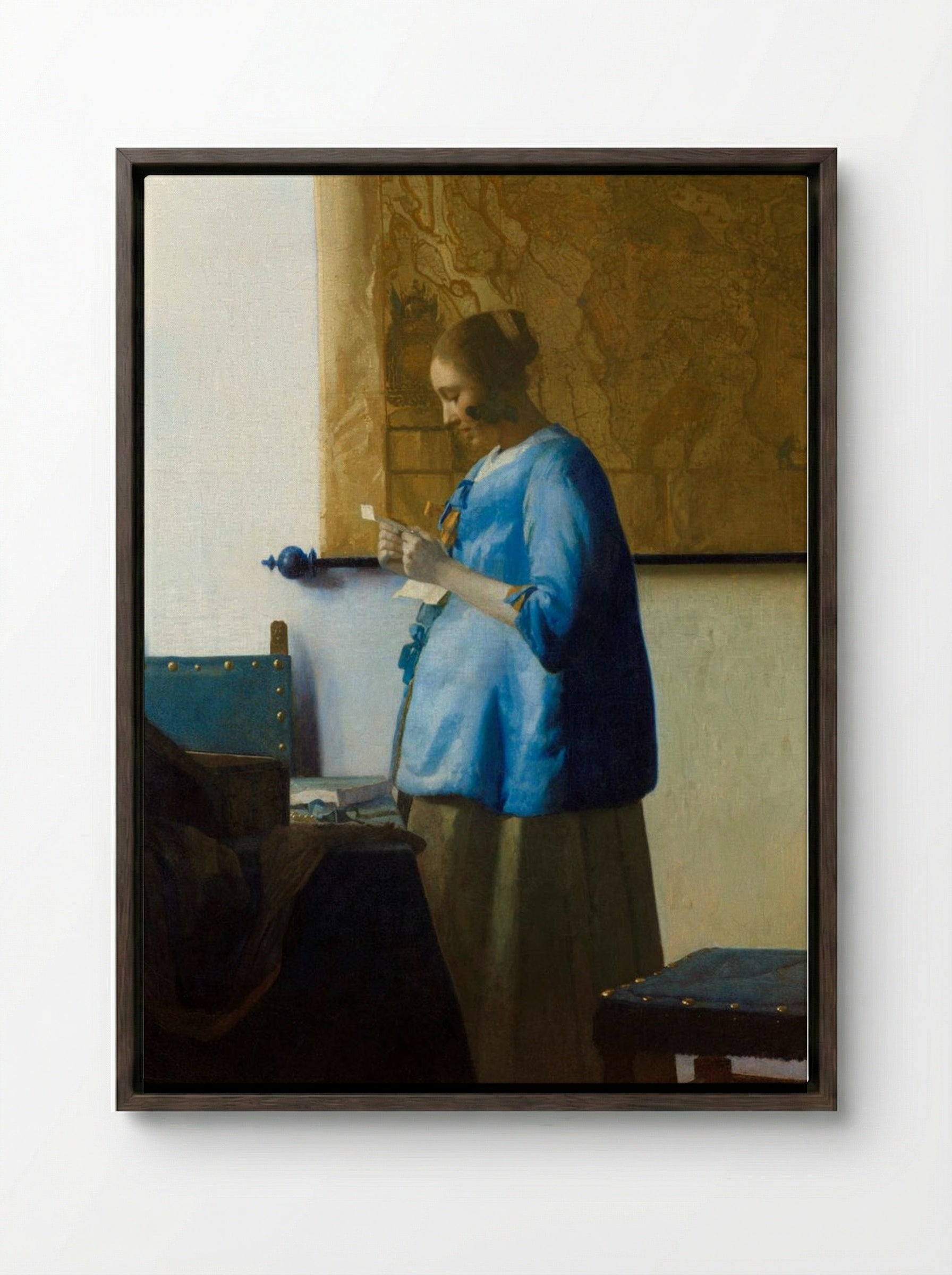 Woman Reading a Letter - Johannes Vermeer - Framed Canvas Dark Wood