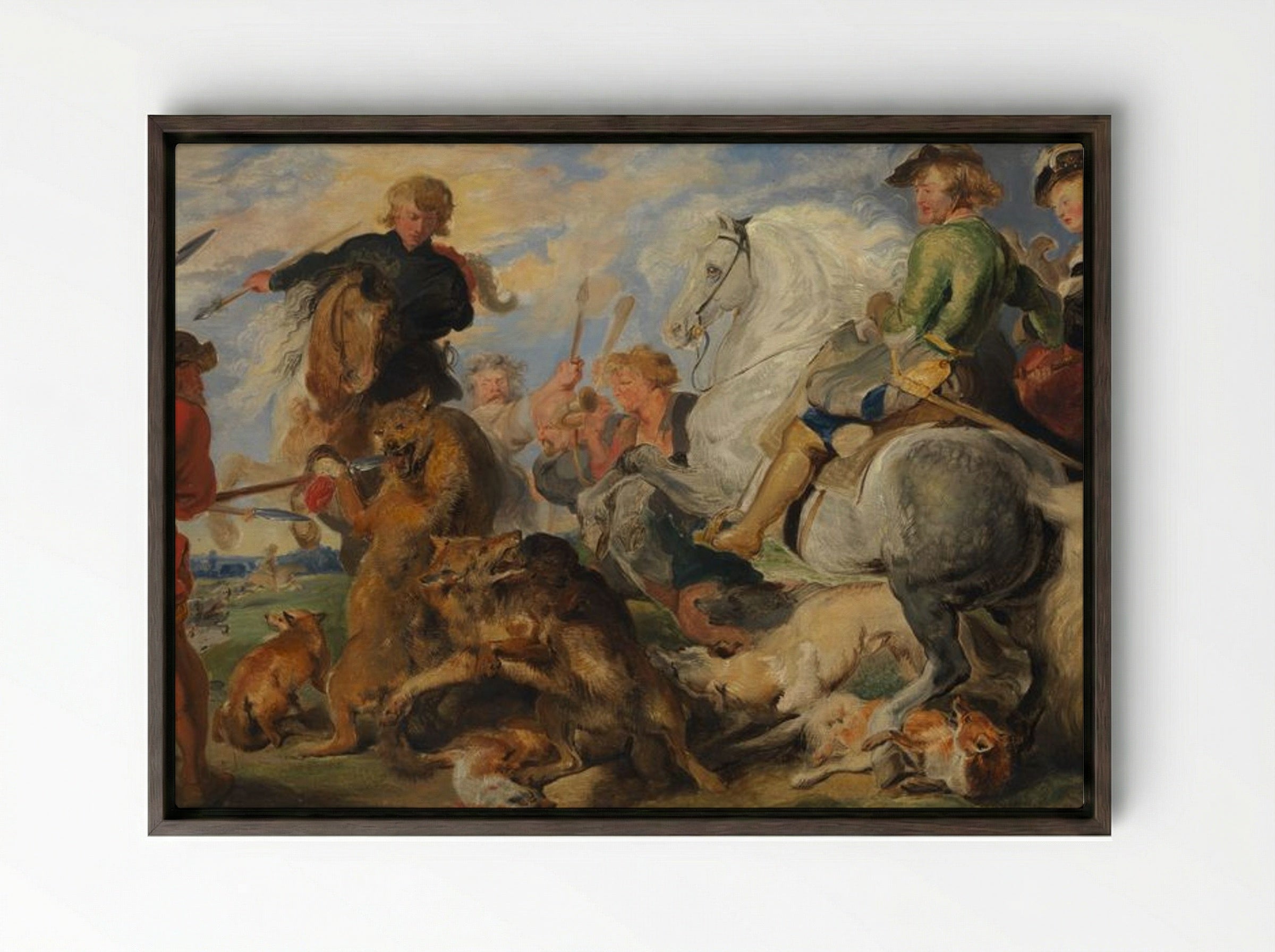 Copy after Rubens's Wolf and Fox Hunt - Peter Paul Rubens - Framed Canvas Dark Wood