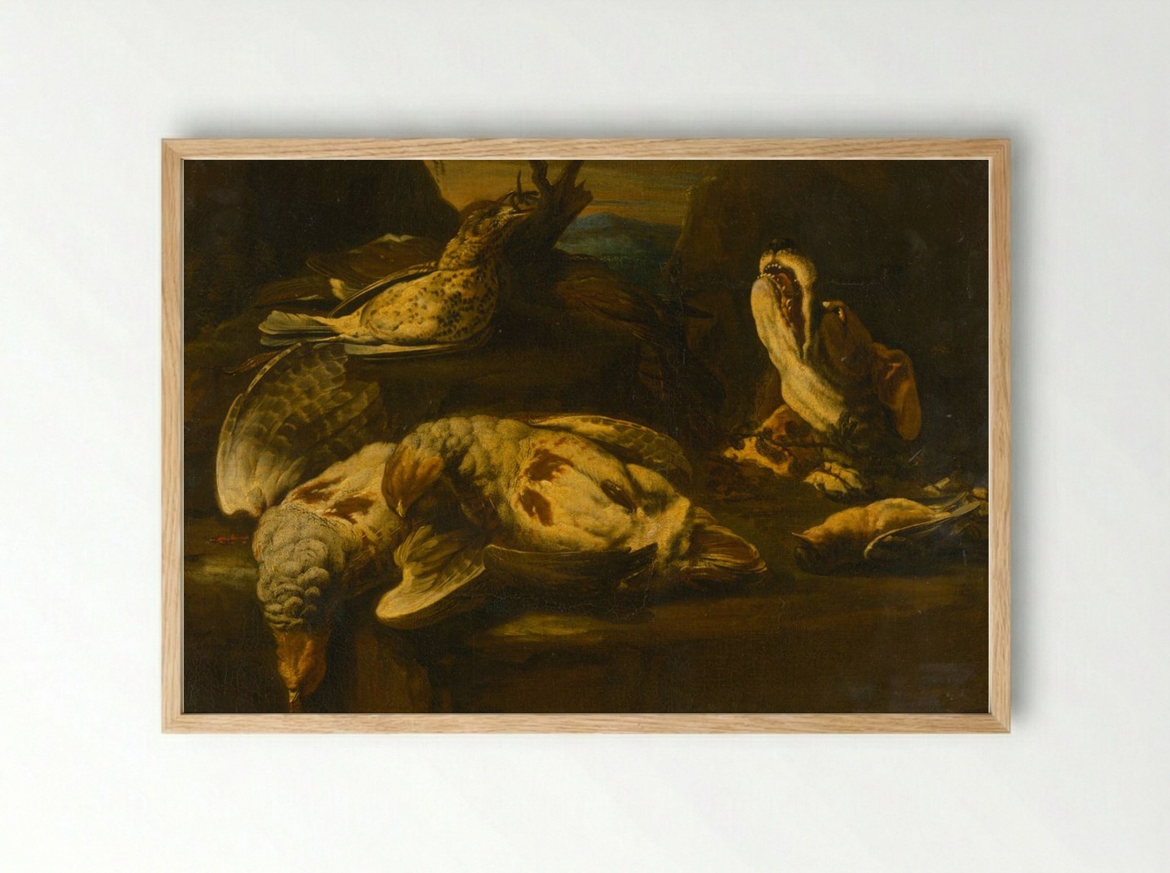 Hunting Still Life with Birds and Dog - Fine Art Print - Framed Print Wood