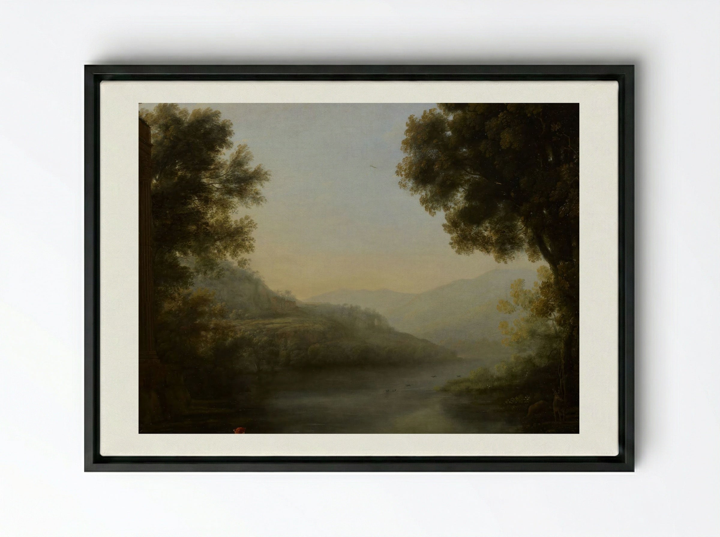 Two Goat Herders Seated on the Left Bank of a River Amidst Their Flock - Nicolaes Berchem - Framed Canvas Black