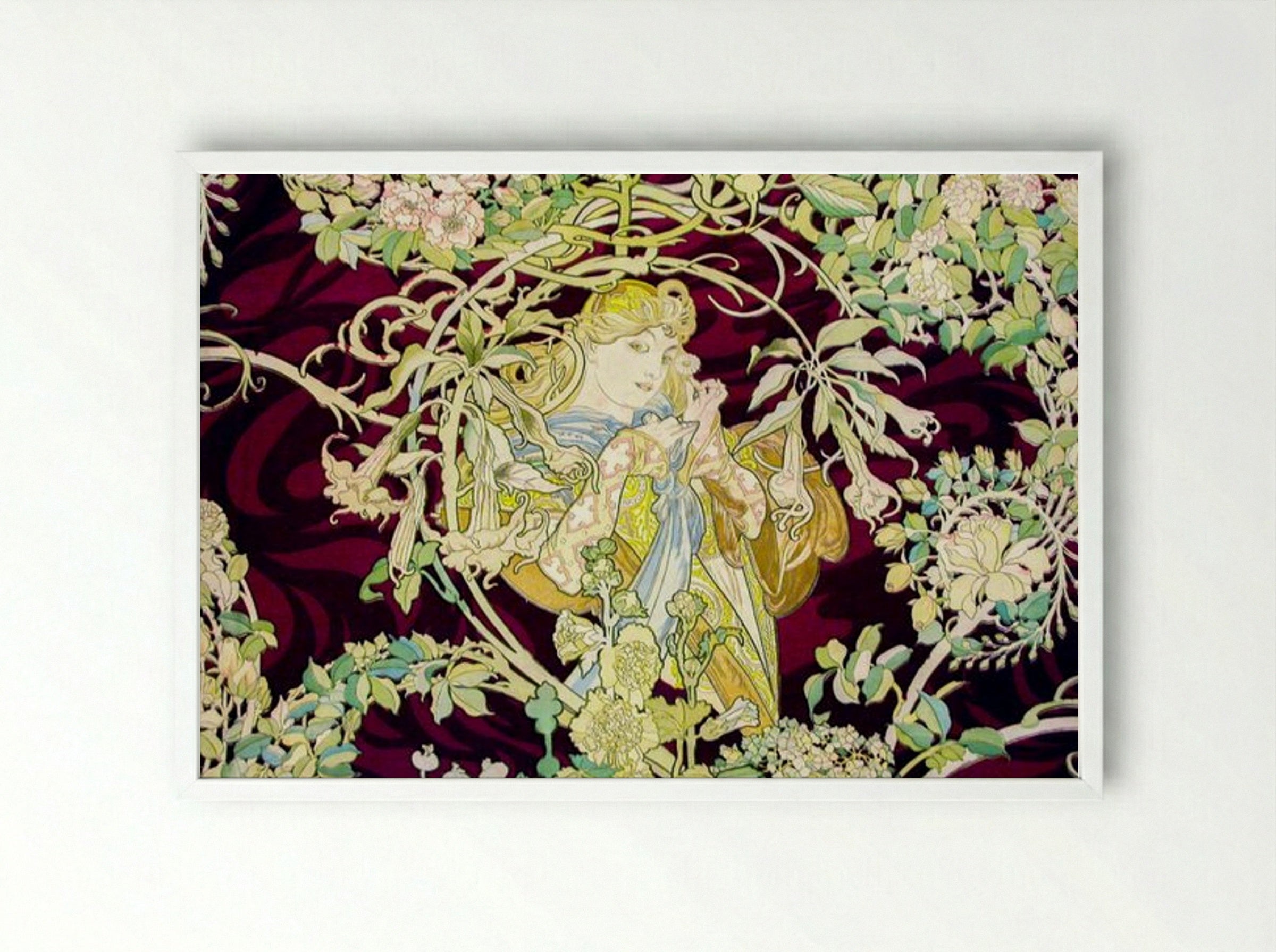 Femme à la Marguerite (Woman with Daisy) - Alphonse Mucha - Framed Print White