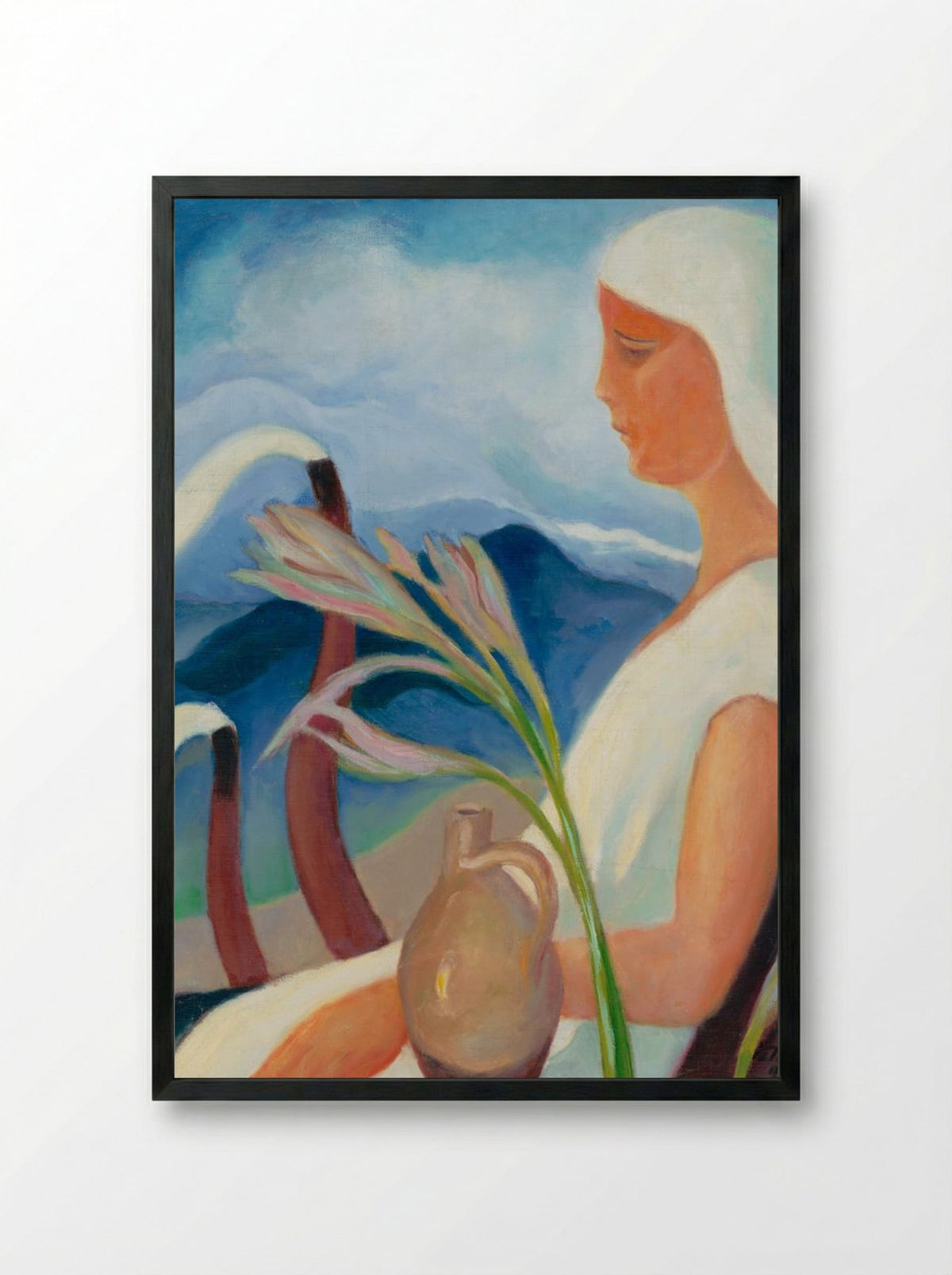 Girl in White with Factory Chimneys and Flowers - Zolo Palugyay - Framed Print Black