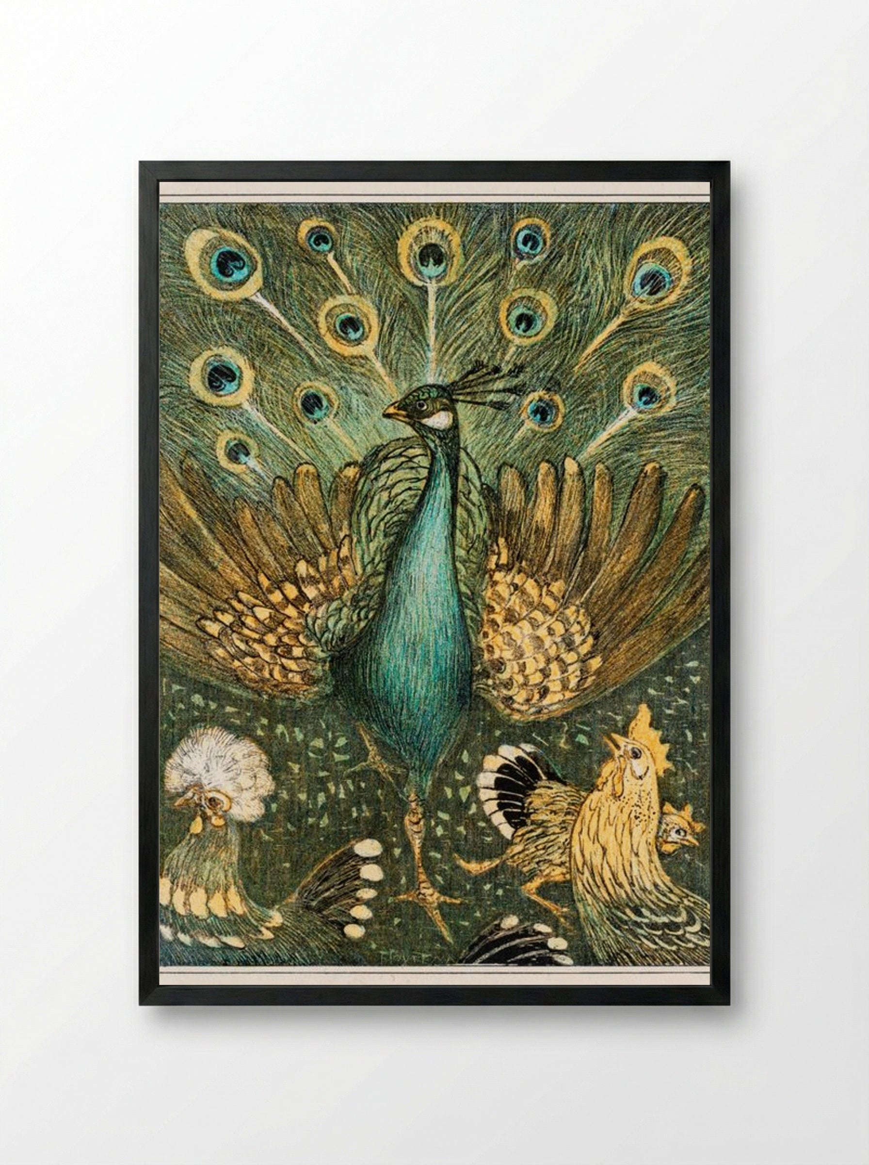 Peacock with Chickens - Theo van Hoytema - Framed Print Black