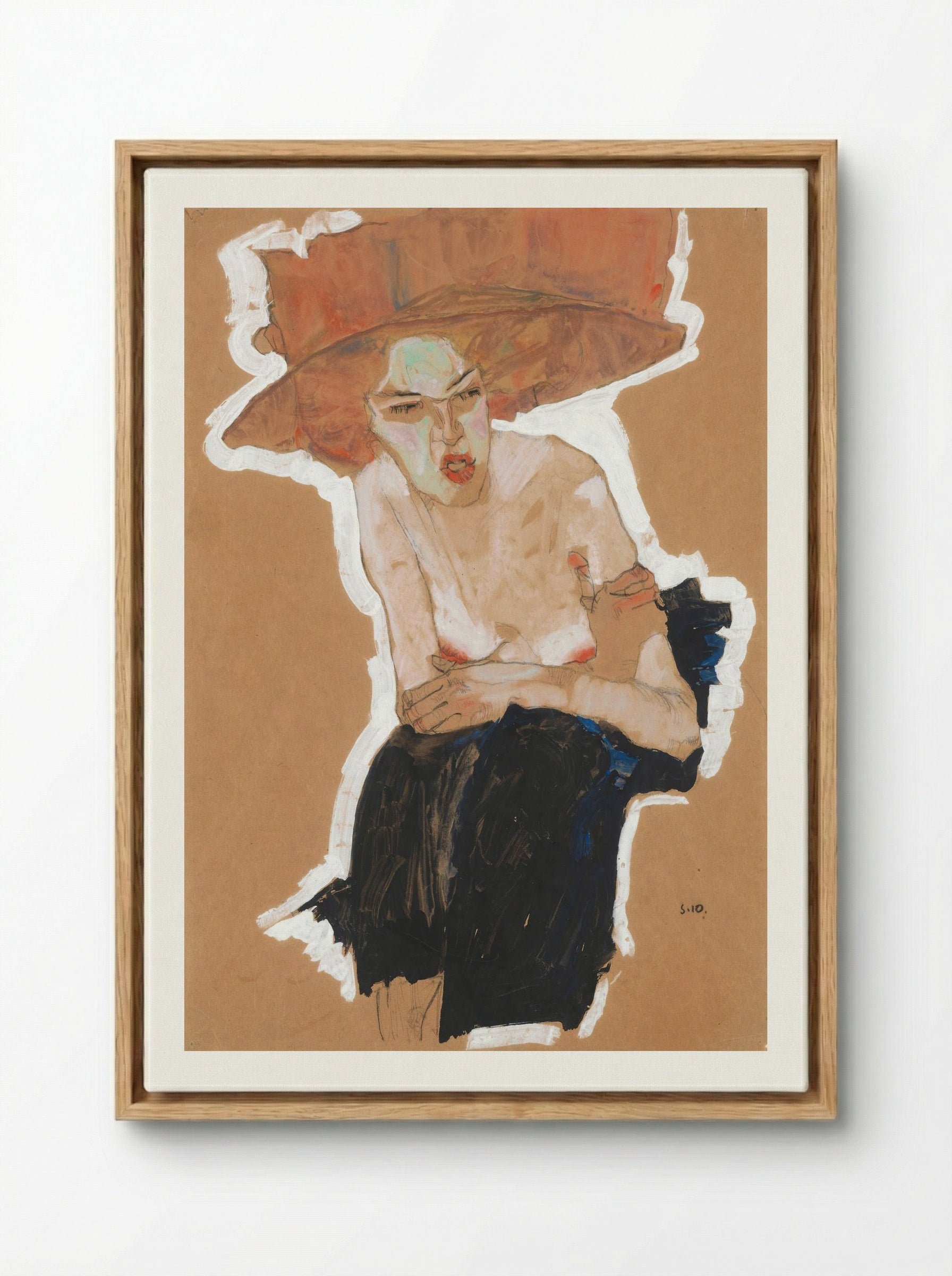 Die Heimische (Woman with Hat) - Egon Schiele - Framed Canvas Wood