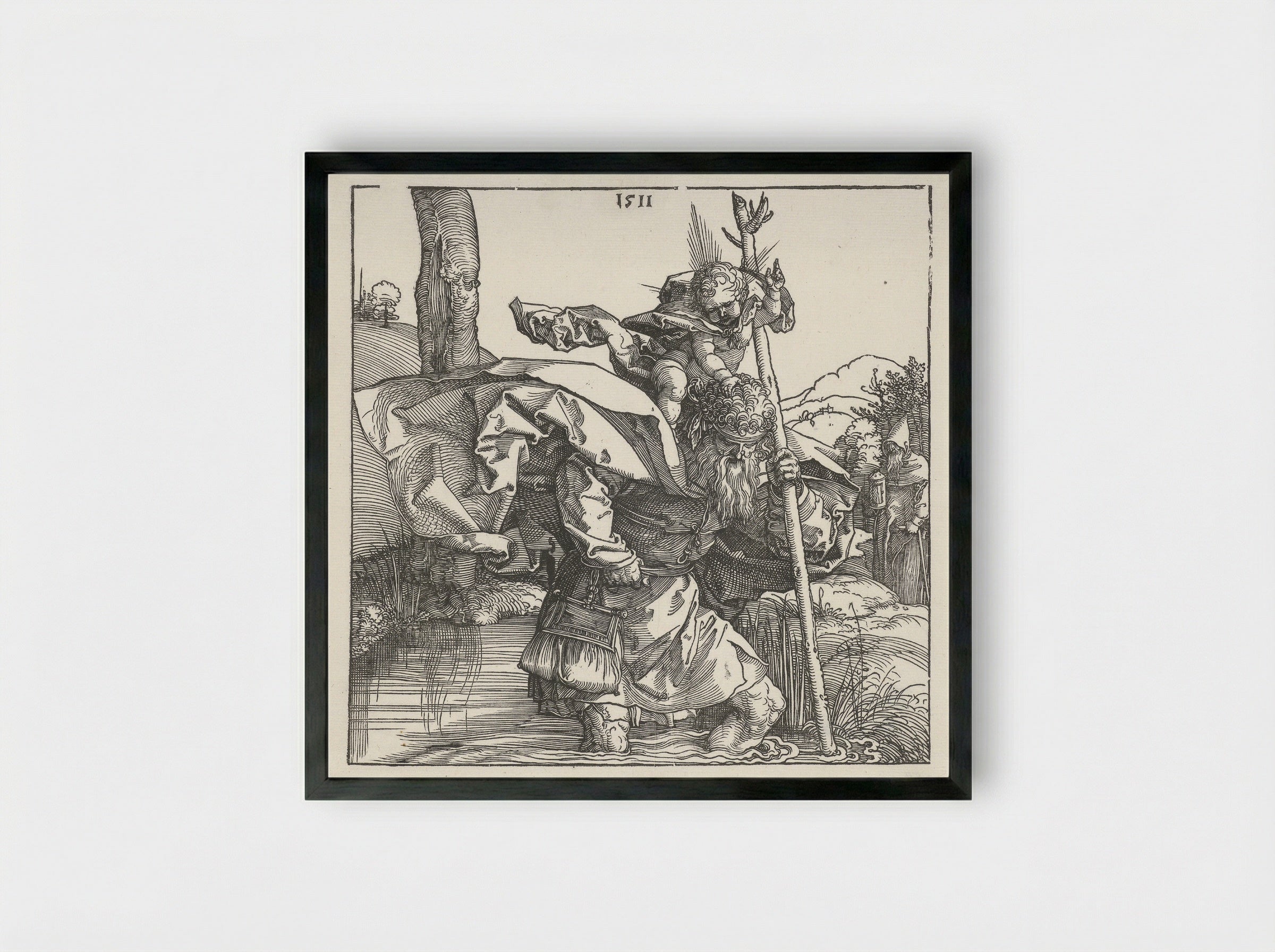 Saint Christopher Carrying the Christ Child - Albrecht Dürer - Framed Print Black