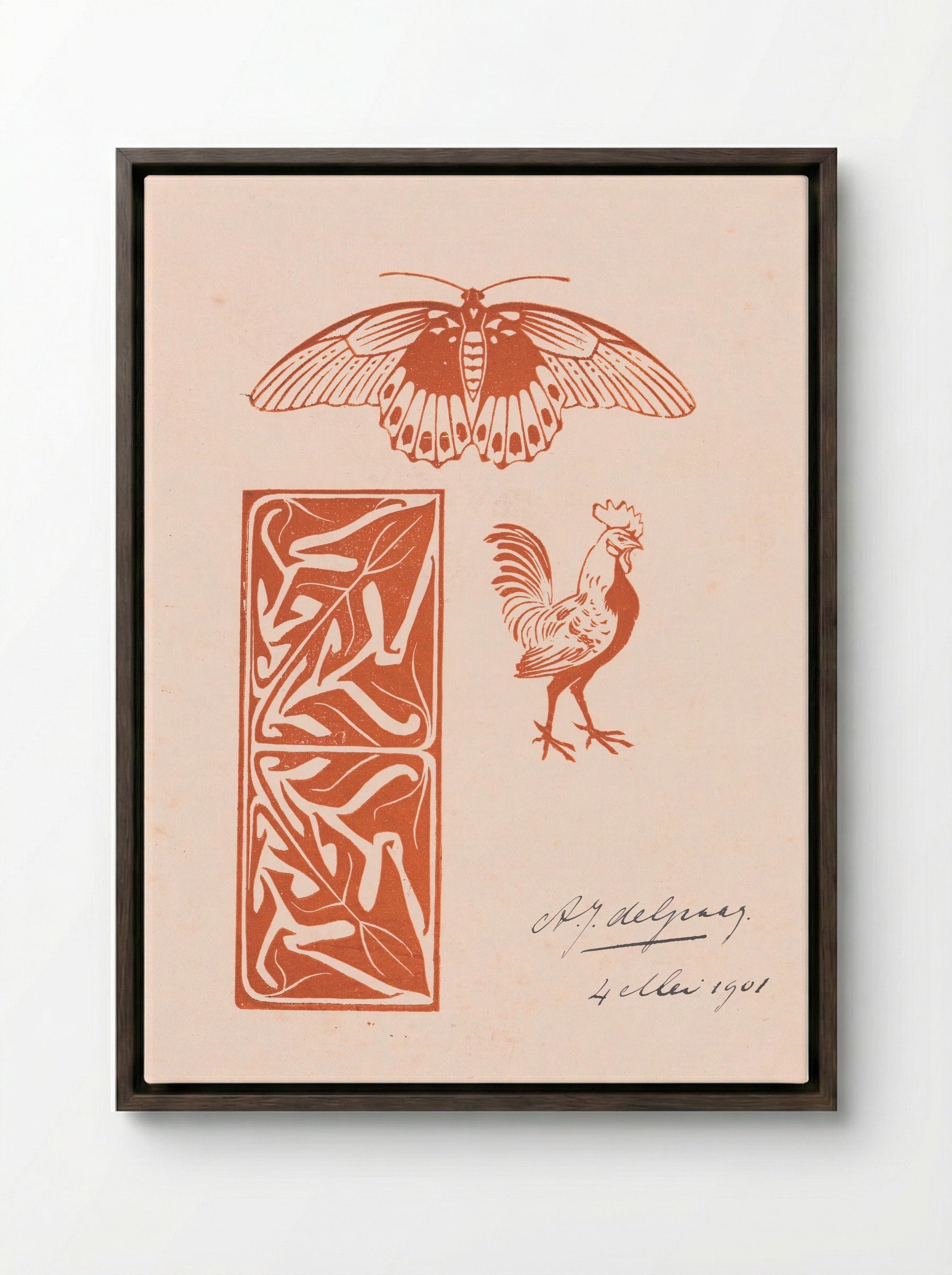 Butterfly, Rooster and Leaf Ornament - Julie de Graag - Framed Canvas Dark Wood