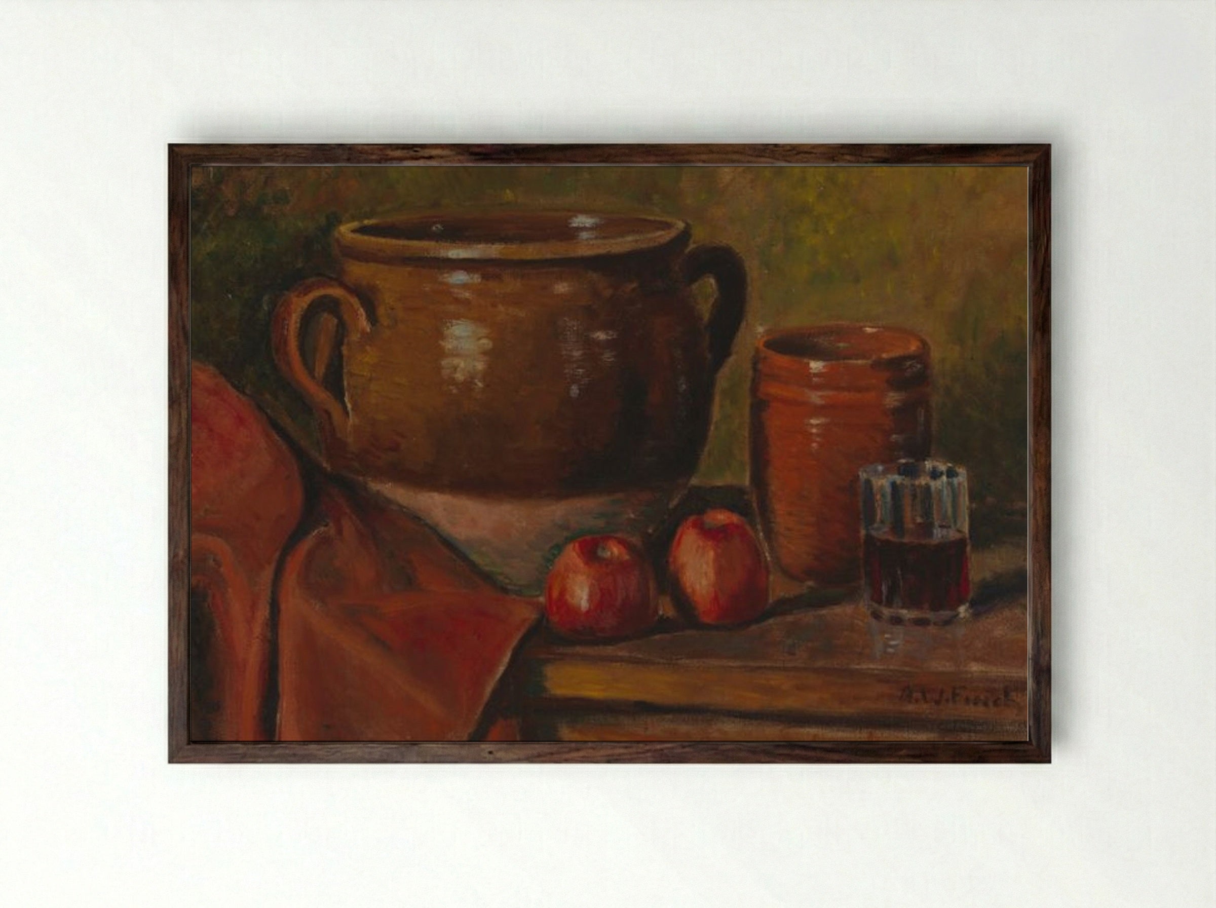 Still Life with Pottery and Apples - Alfred William Finch - Framed Print Dark Wood
