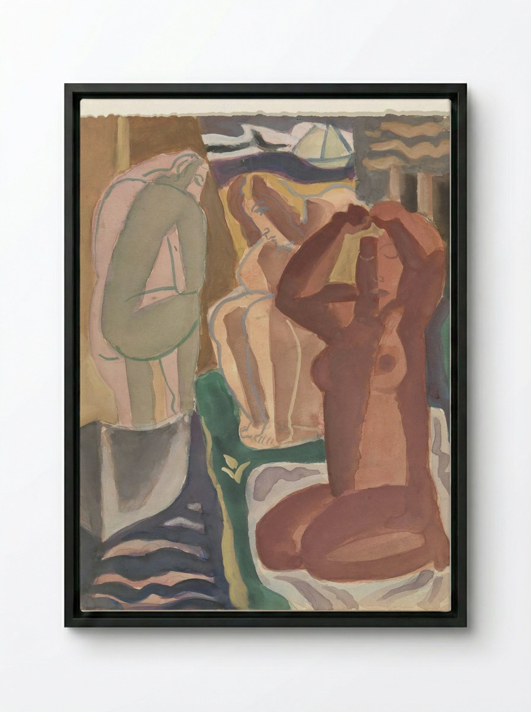 Two Bathing Women and a Figure from the Back - Leo Gestel - Framed Canvas Black