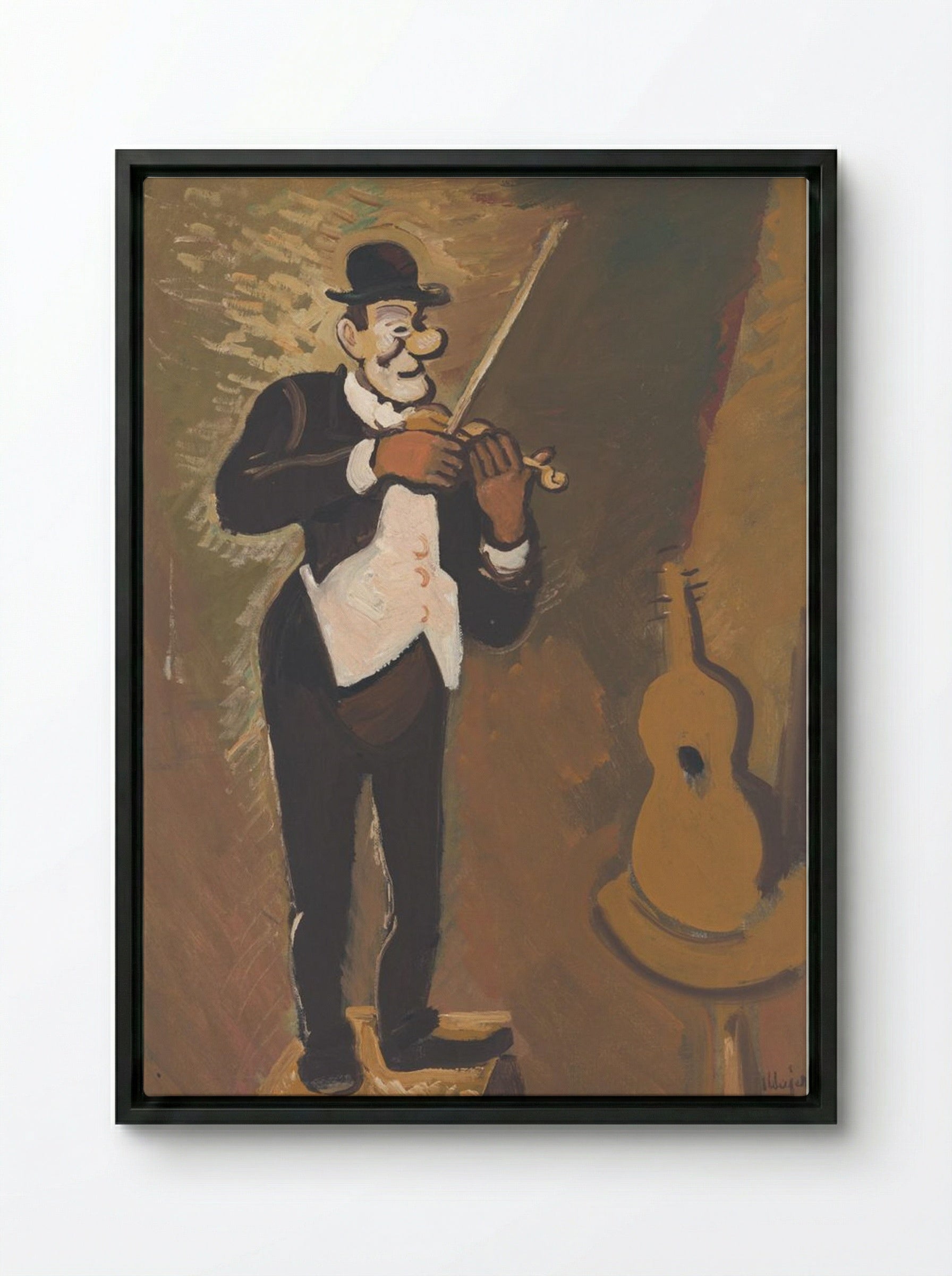 Clown Playing the Violin - Cyprián Majerník - Framed Canvas Black