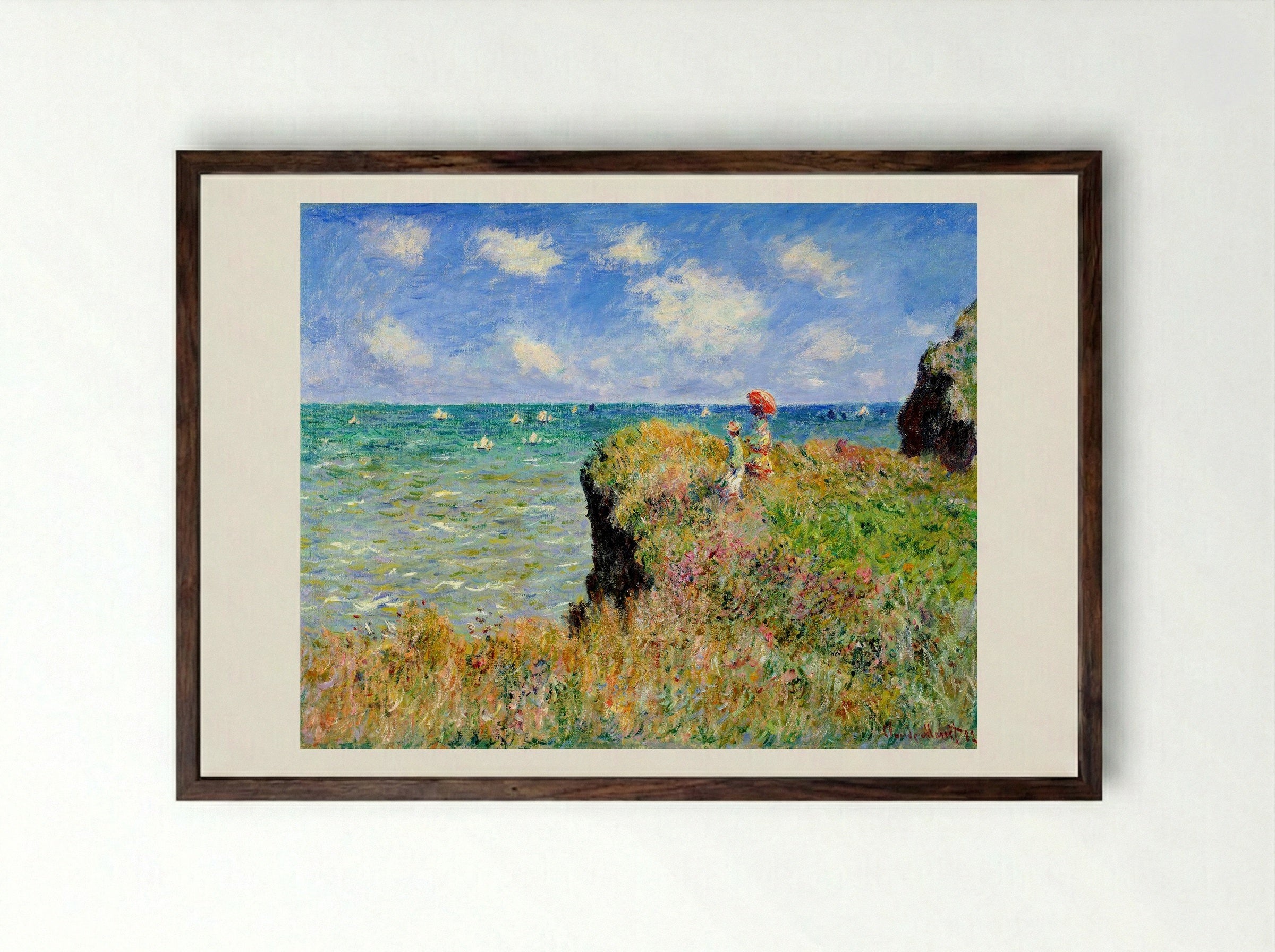 Clifftop Walk at Pourville - Claude Monet - Framed Print Dark Wood