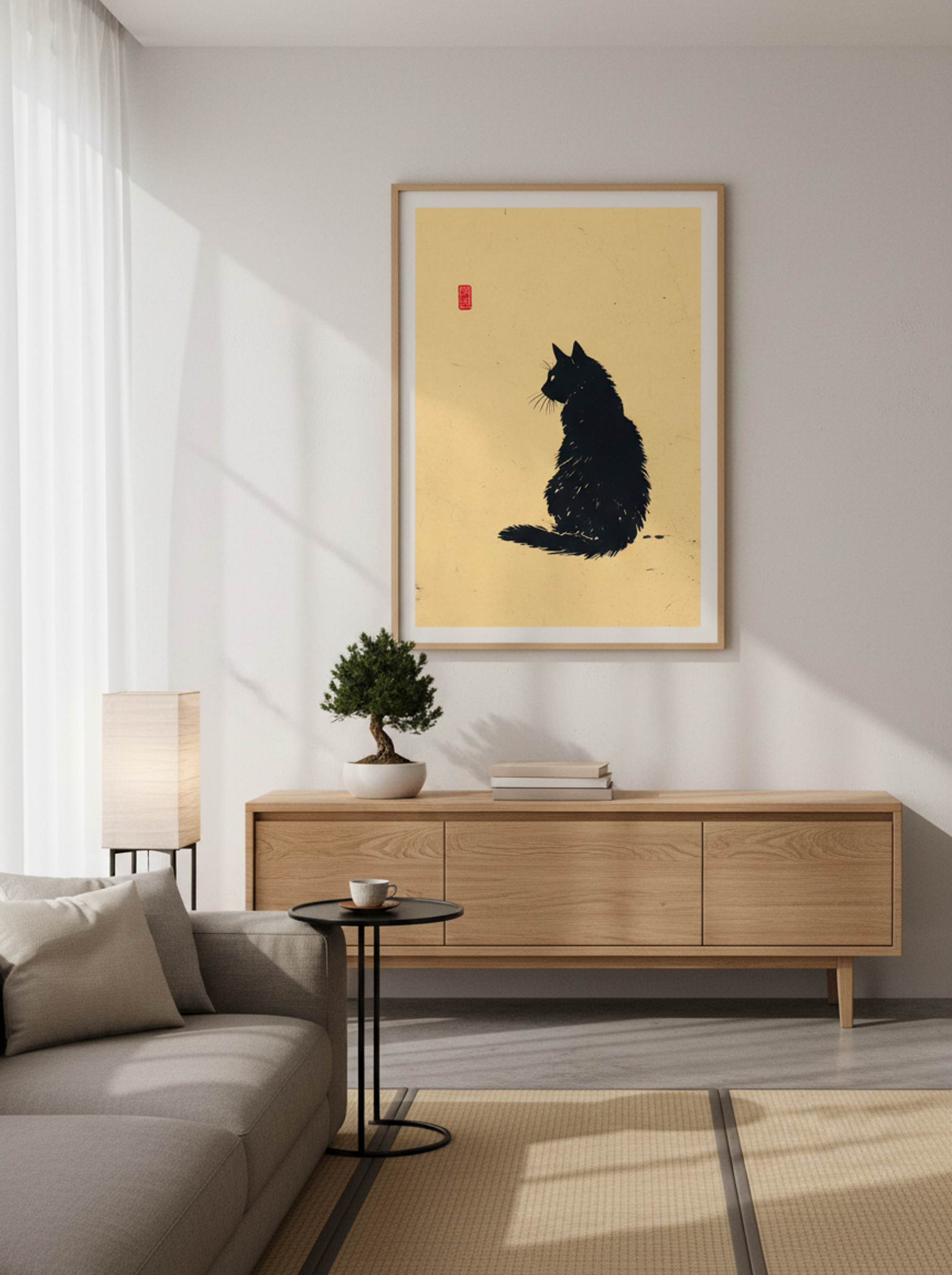Sumi-e Black Cat – Minimalist Japanese Ink Art Print - Lifestyle