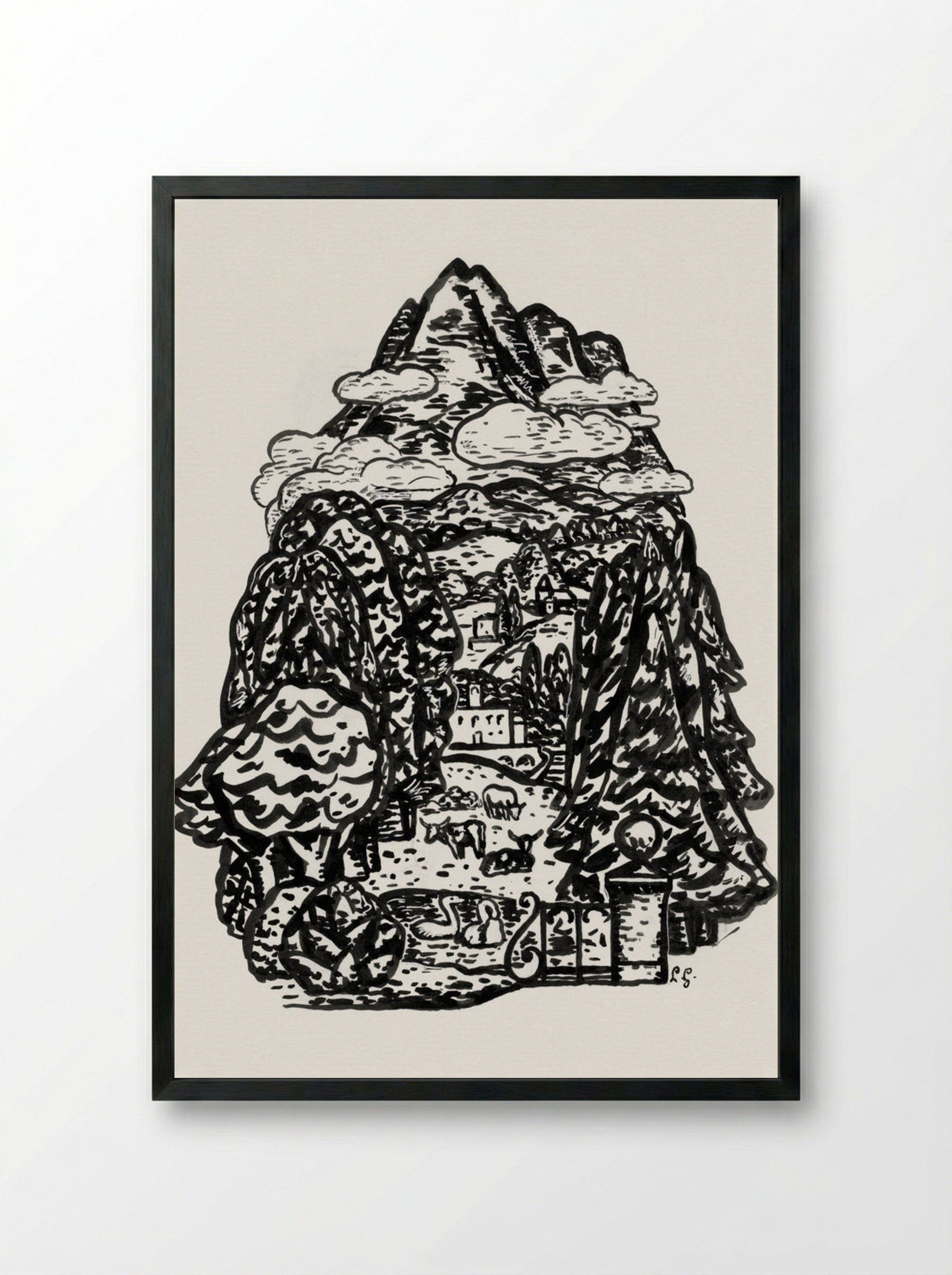 Mountain Landscape with Cows and Swans - Leo Gestel - Framed Print Black