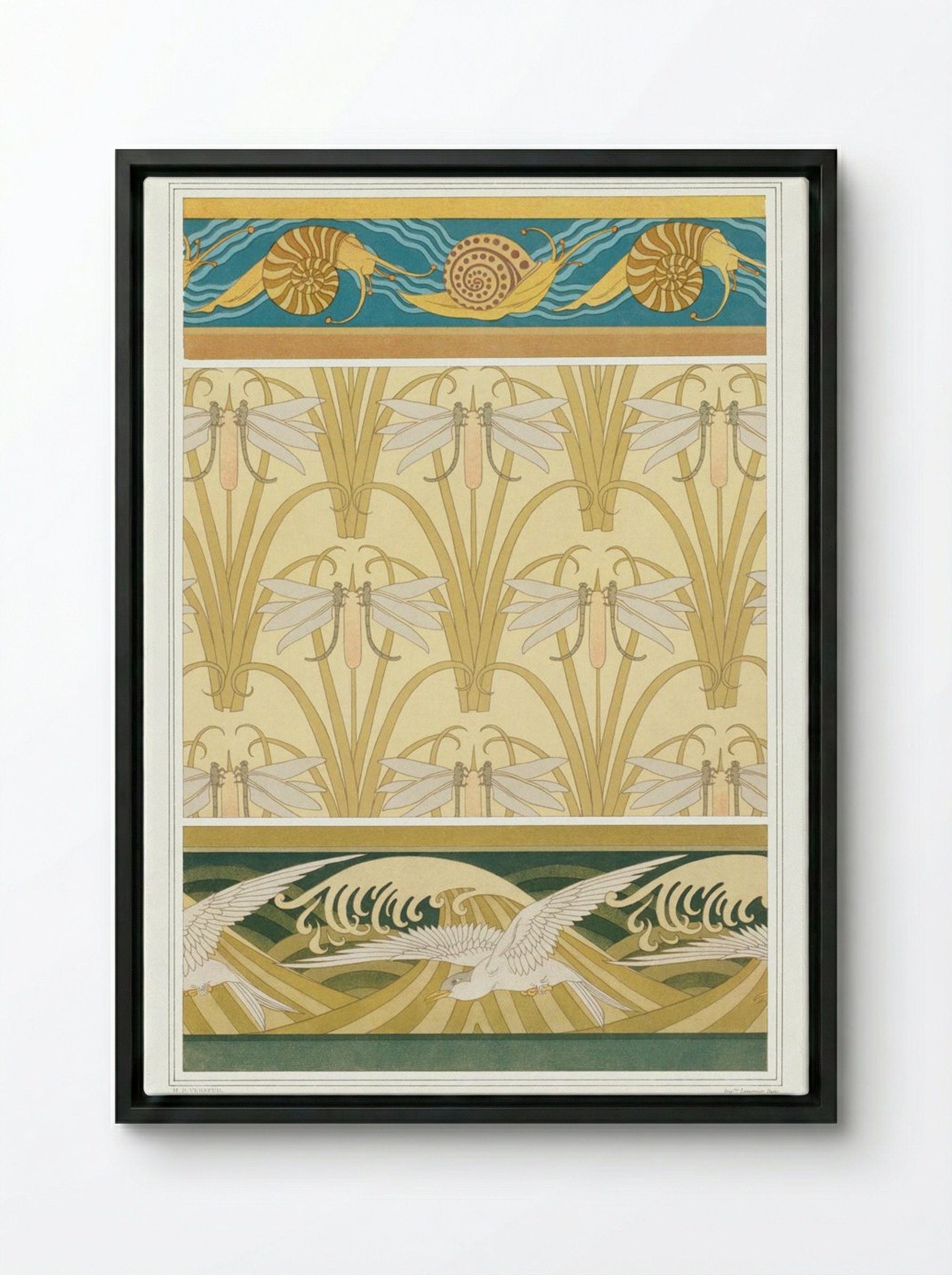 L'Animal dans la Décoration, Plate 10 (Snails, Dragonflies, Seagulls) - Maurice Pillard Verneuil - Framed Canvas Black