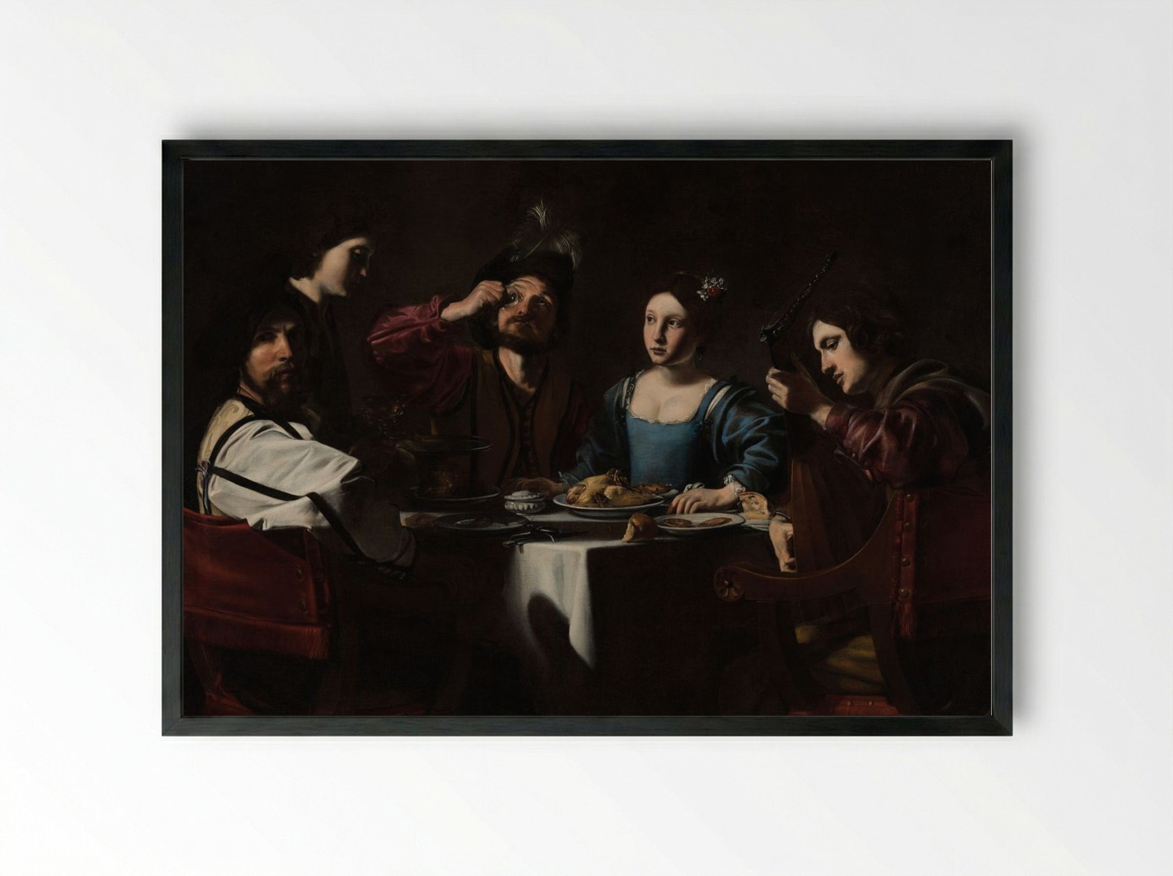 Banquet Scene with a Lute Player - Valentin de Boulogne - Framed Print Black