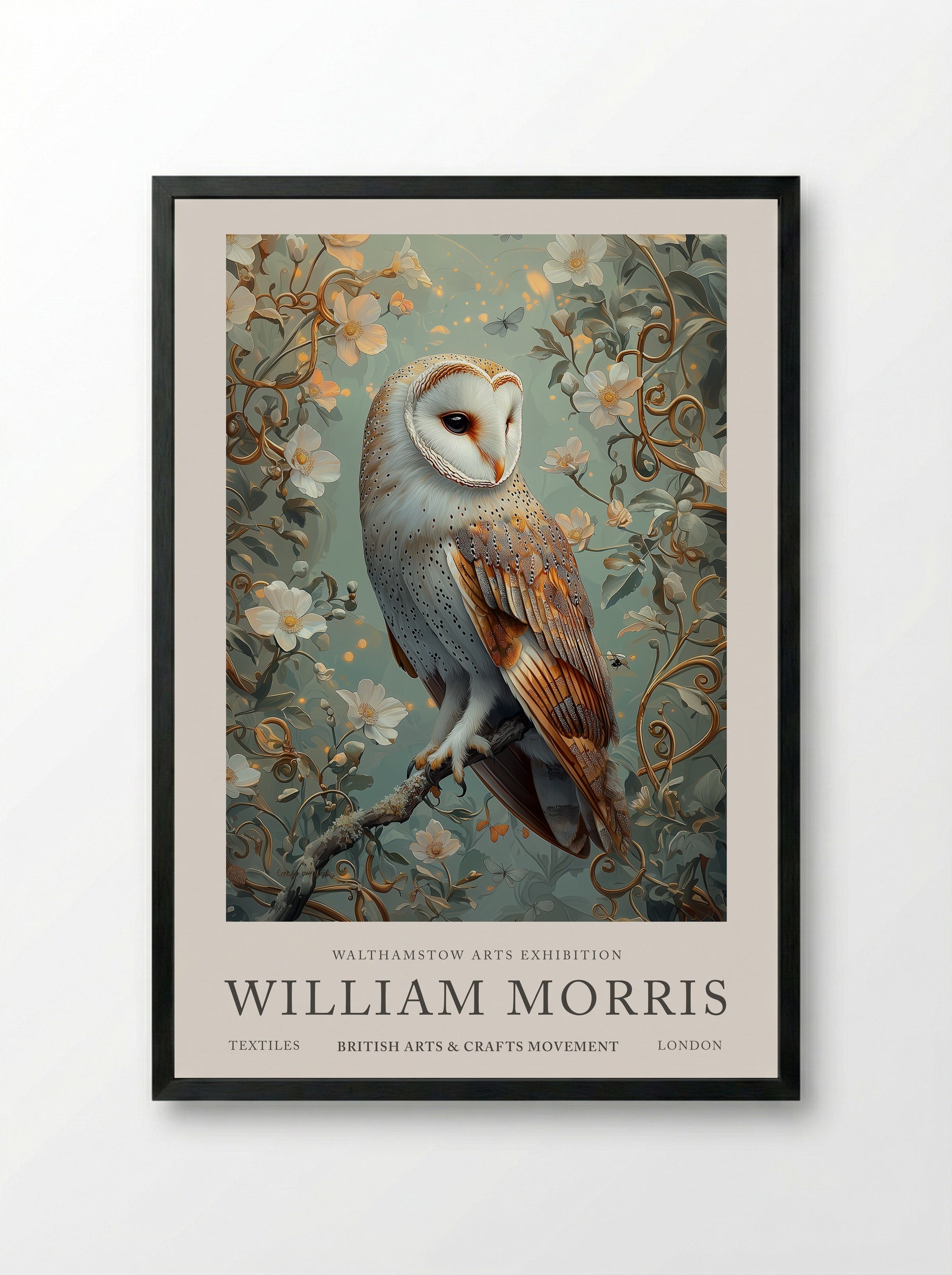 Barn Owl Whispering Wings - William Morris - Framed Print Black