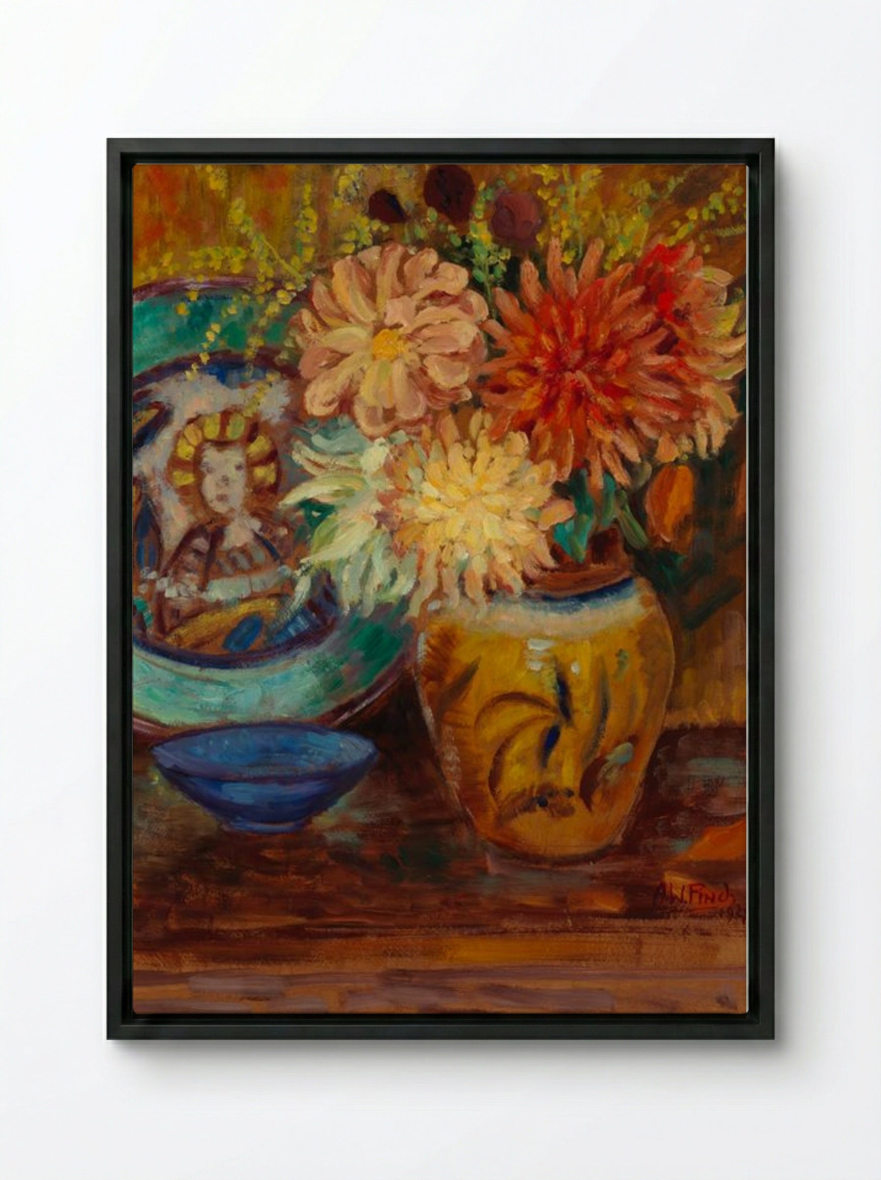 Chrysanthemums - Alfred William Finch - Framed Canvas Black