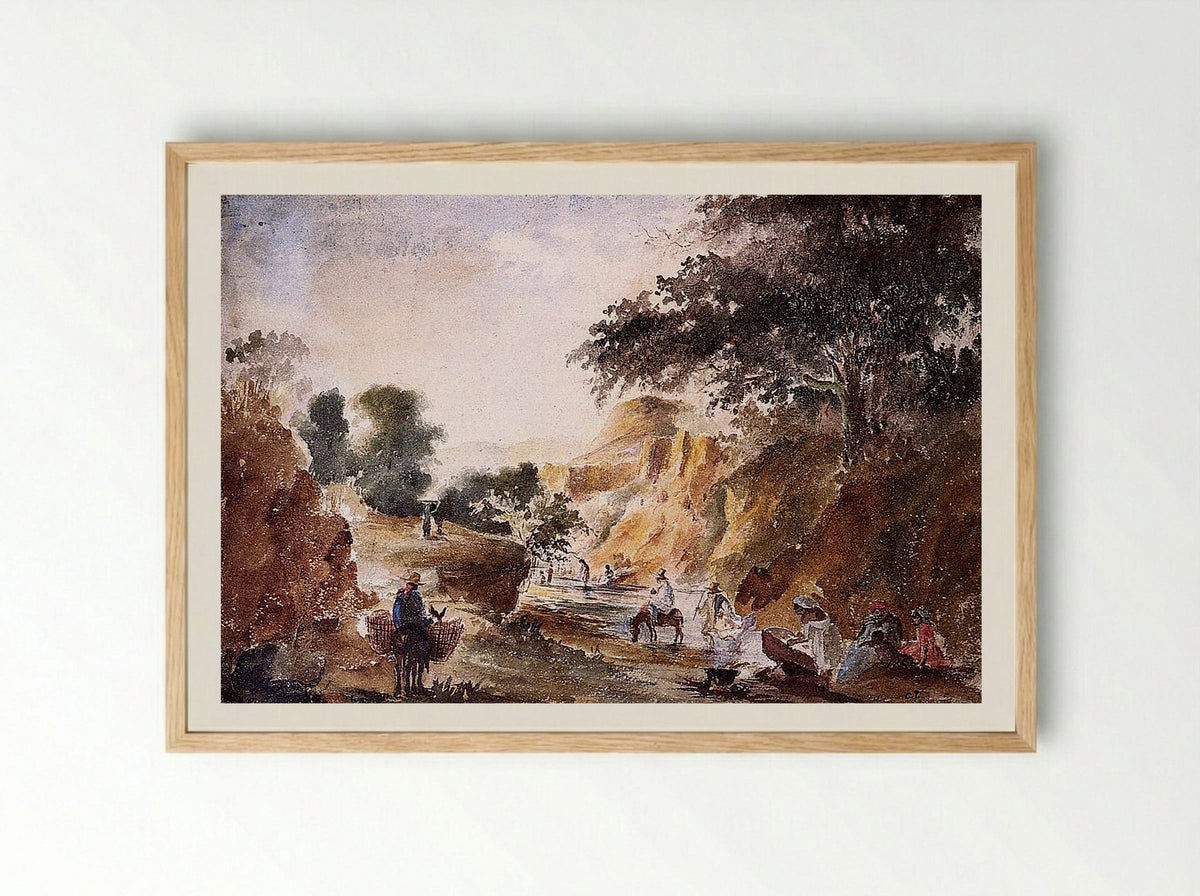 Landscape with Figures by a River - Fine Art Print - Framed Print Wood