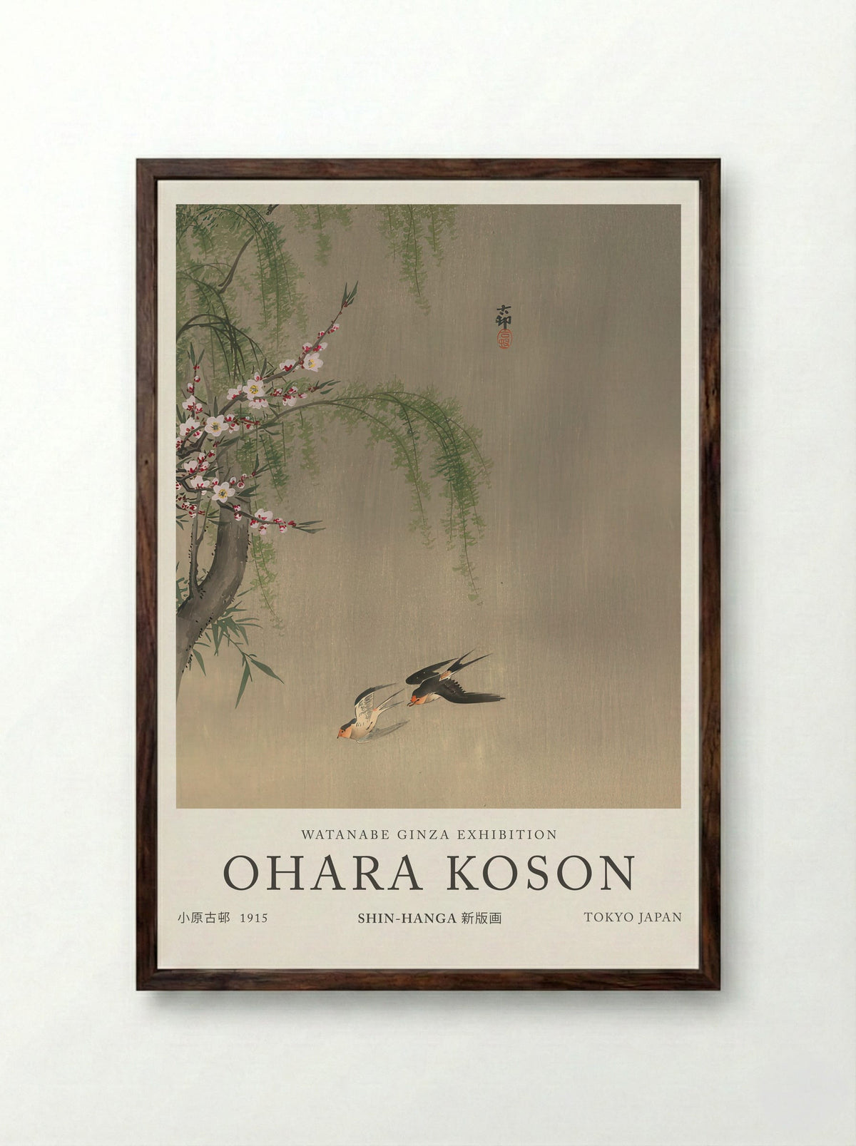 Two Barn Swallows In Flight Willow Branch And Flowering Cherry Above - Ohara Koson - Framed Print Dark Wood