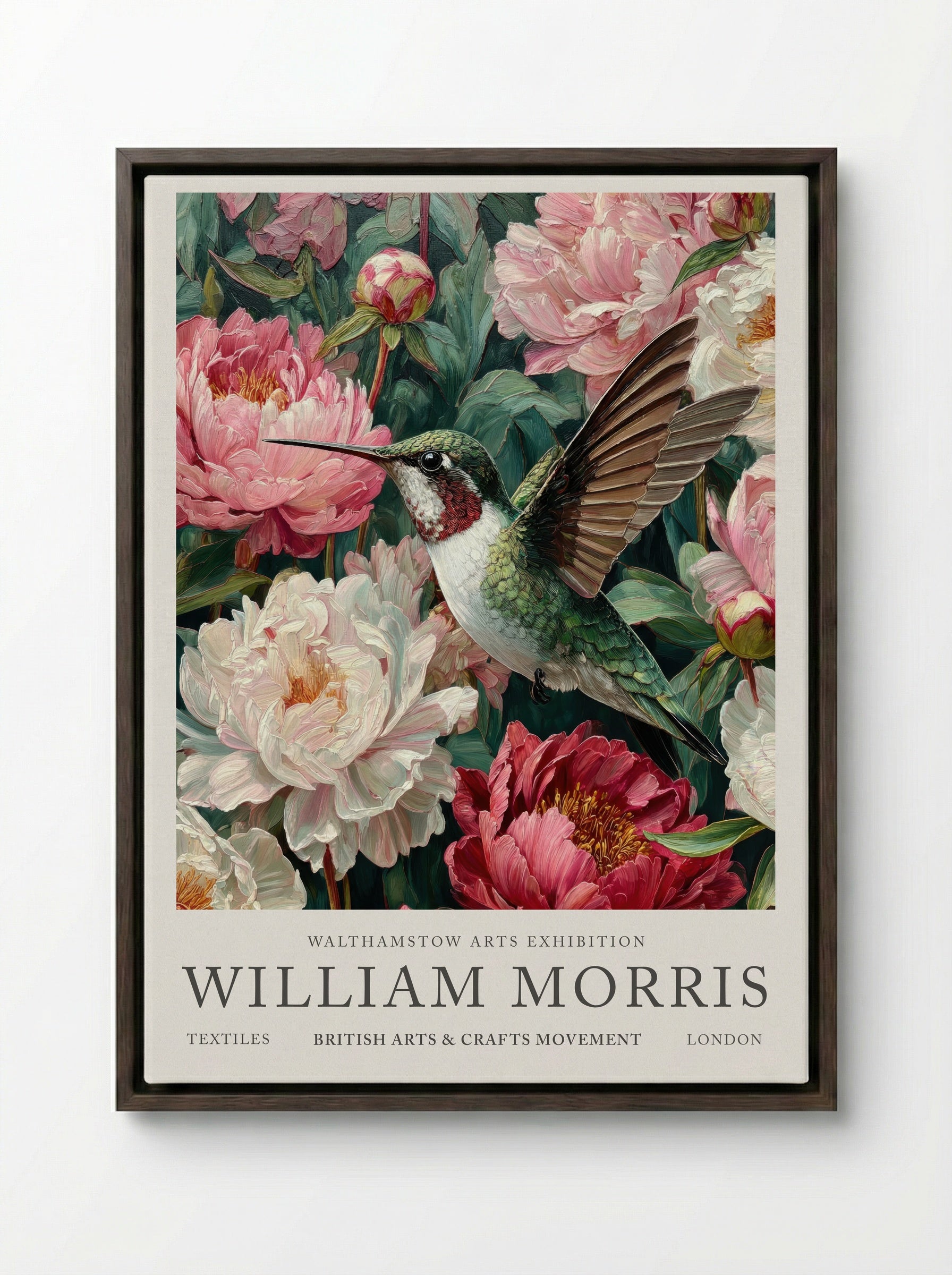 Peony Hummingbird Flight - William Morris - Framed Canvas Dark Wood