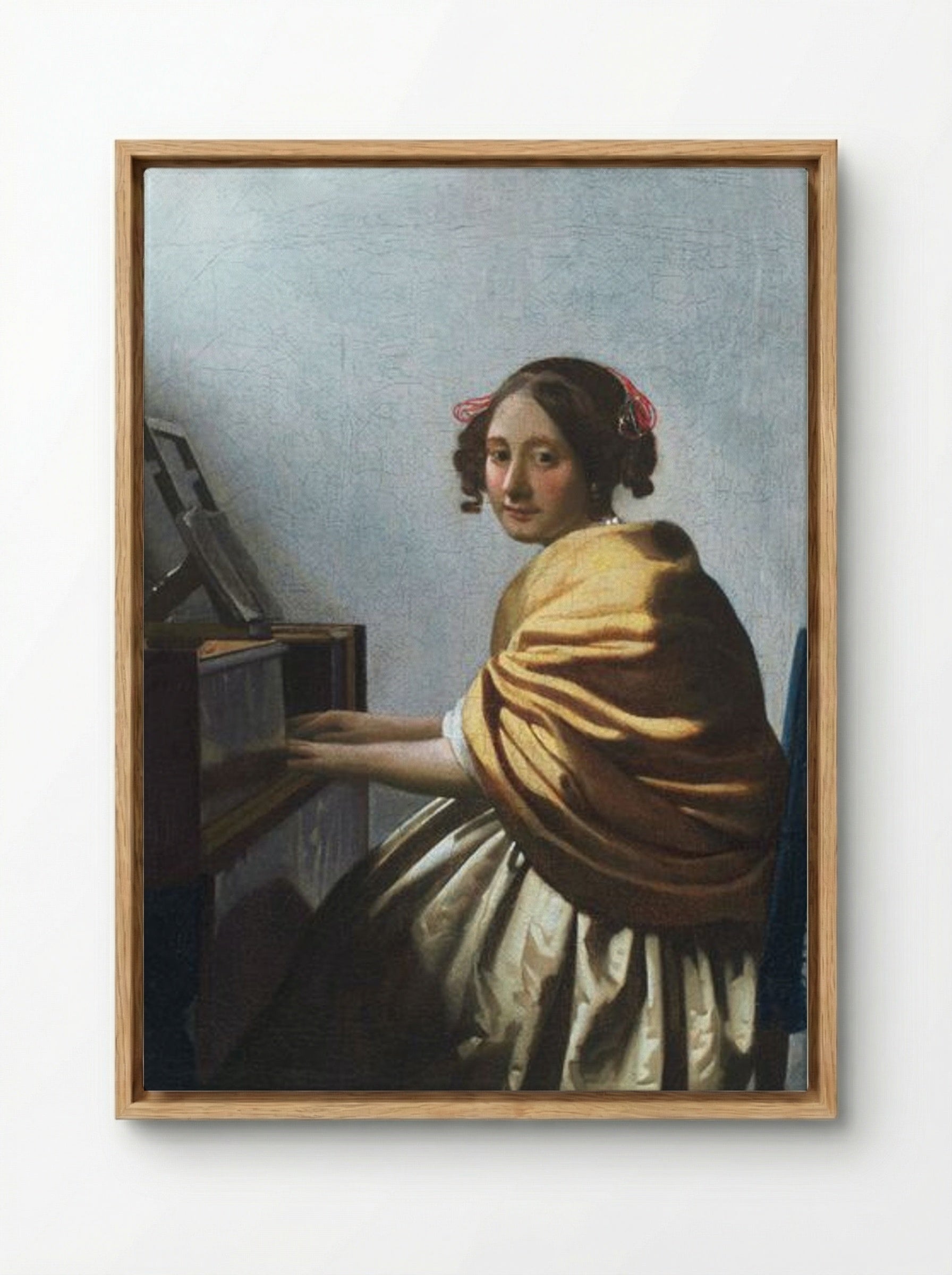 A Young Woman Seated at the Virginals - Johannes Vermeer - Framed Canvas Wood