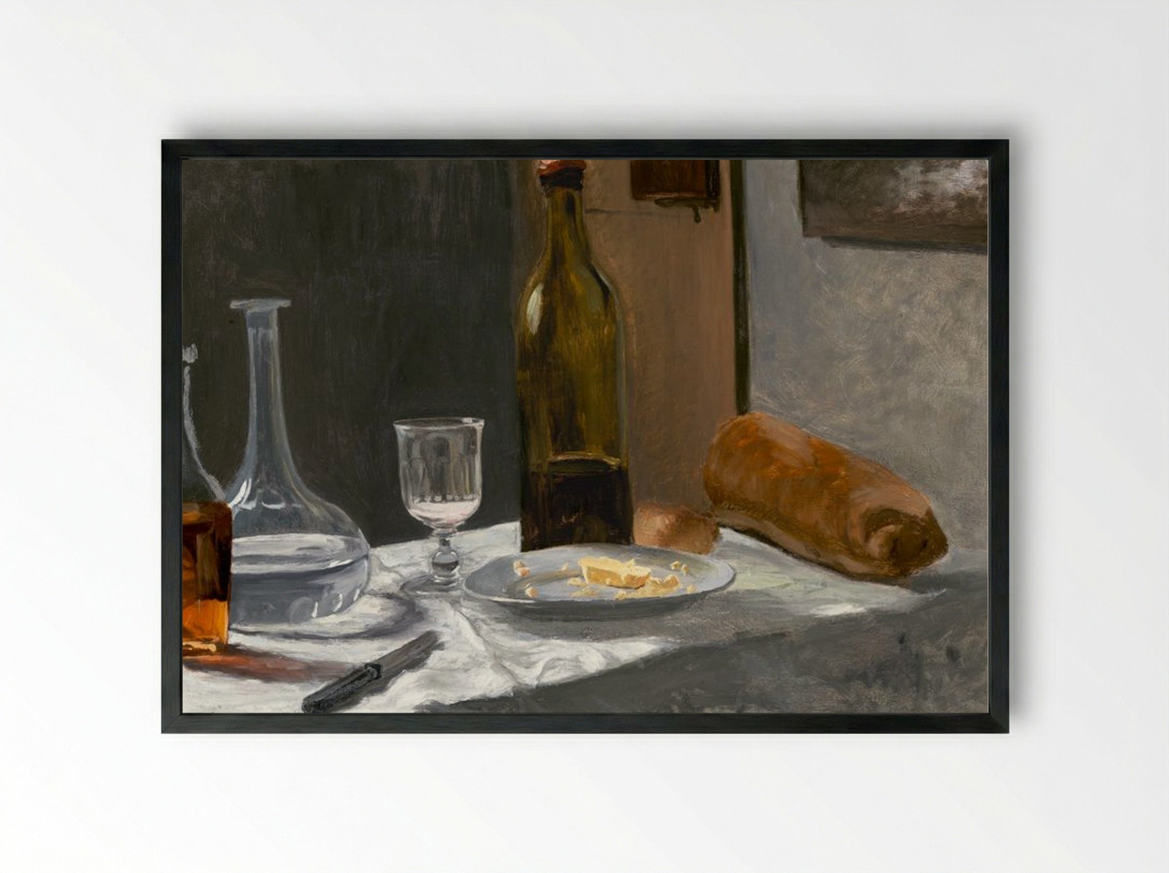 Still Life with Bottle, Carafe, Bread, and Wine - Claude Monet - Framed Print Black