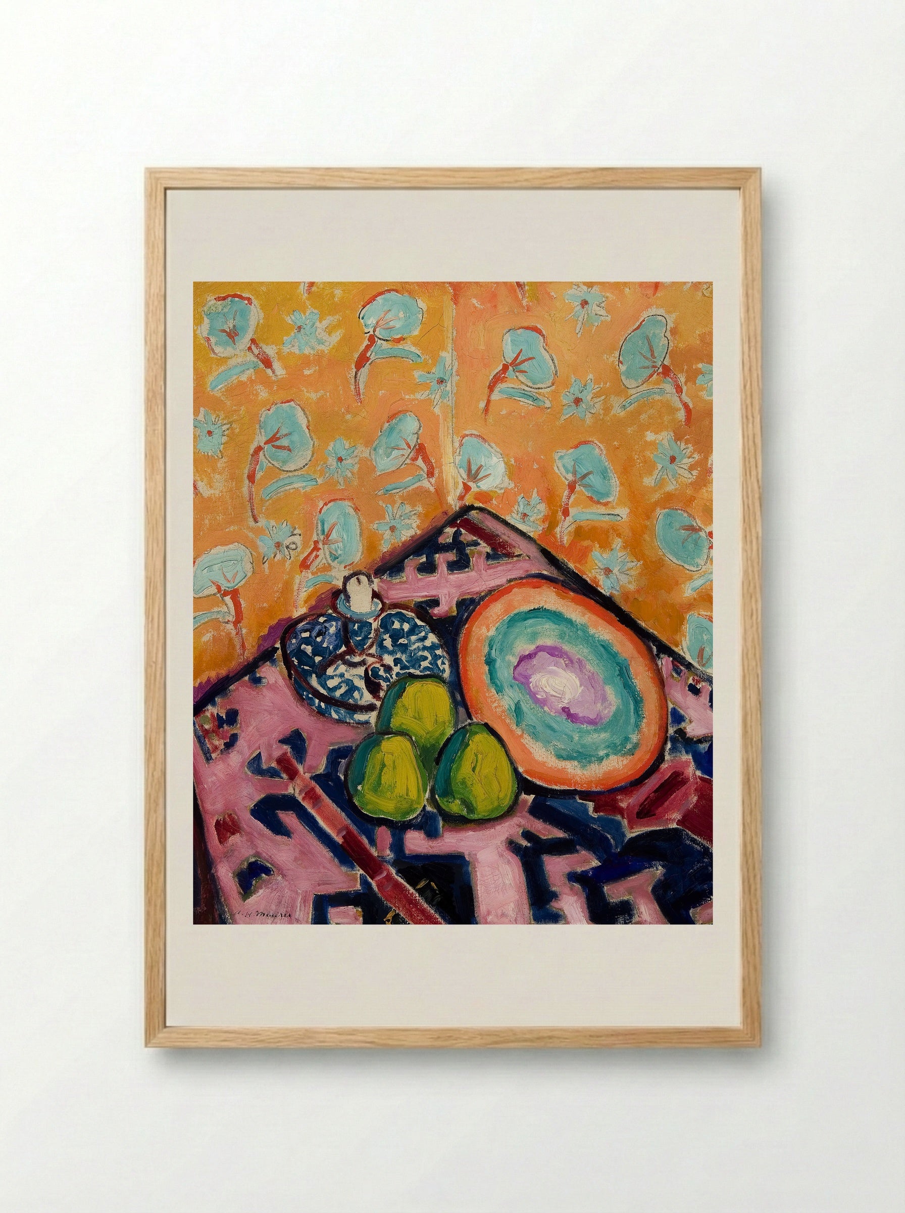 Still Life with Fruit and Patterned Background - Alfred Henry Maurer - Framed Print Wood