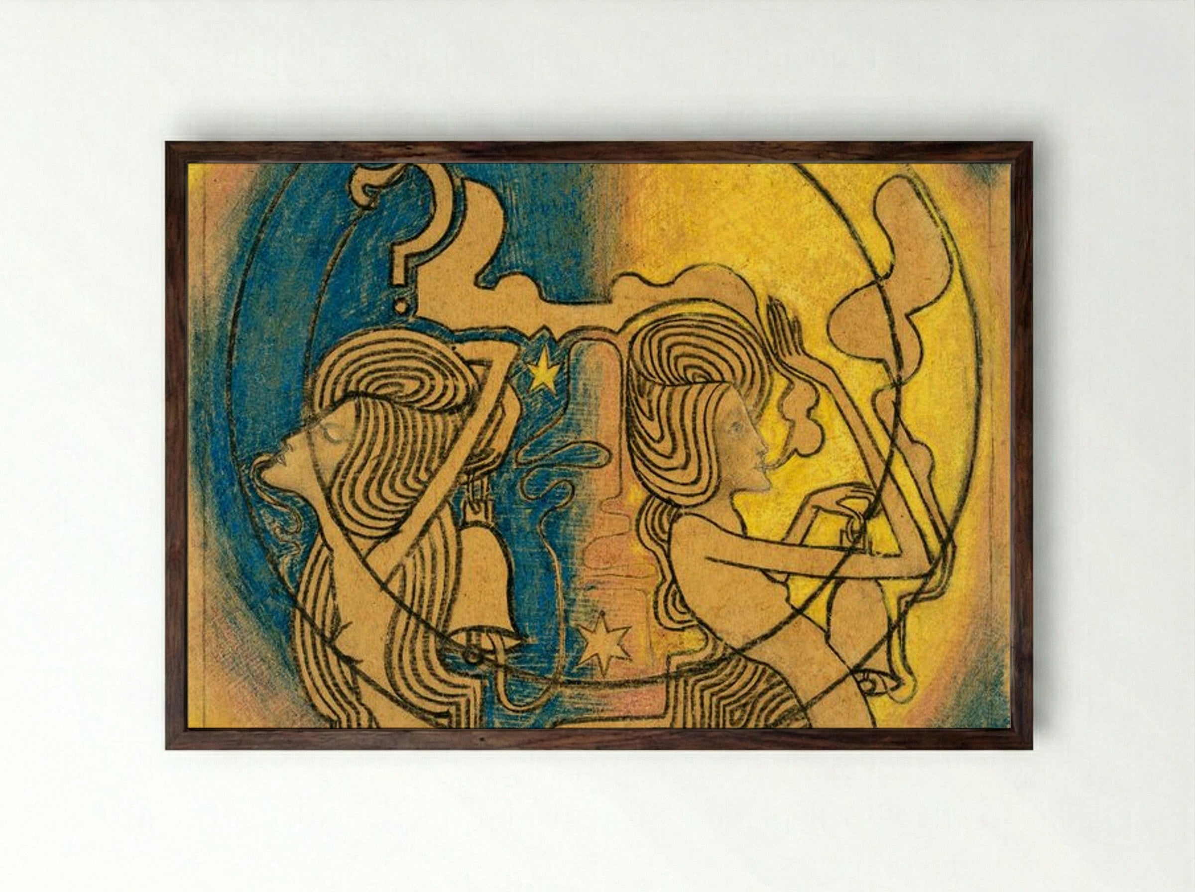 Two Stylized Female Figures with Clock in Hand - Jan Toorop - Framed Print Dark Wood