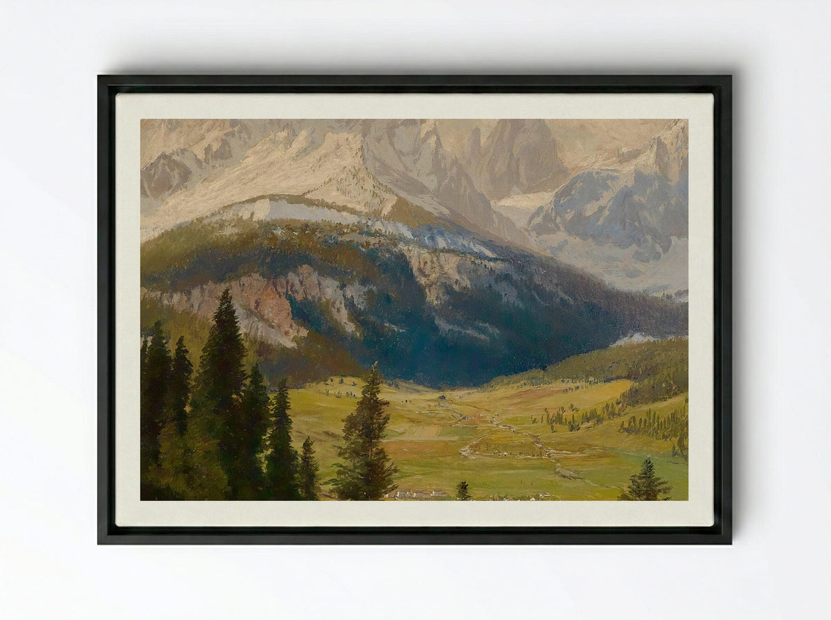 Sexten Village, Sexten Sundial, Sexten Dolomites, and the Fischleital Valley - Karl Köck - Framed Canvas Black