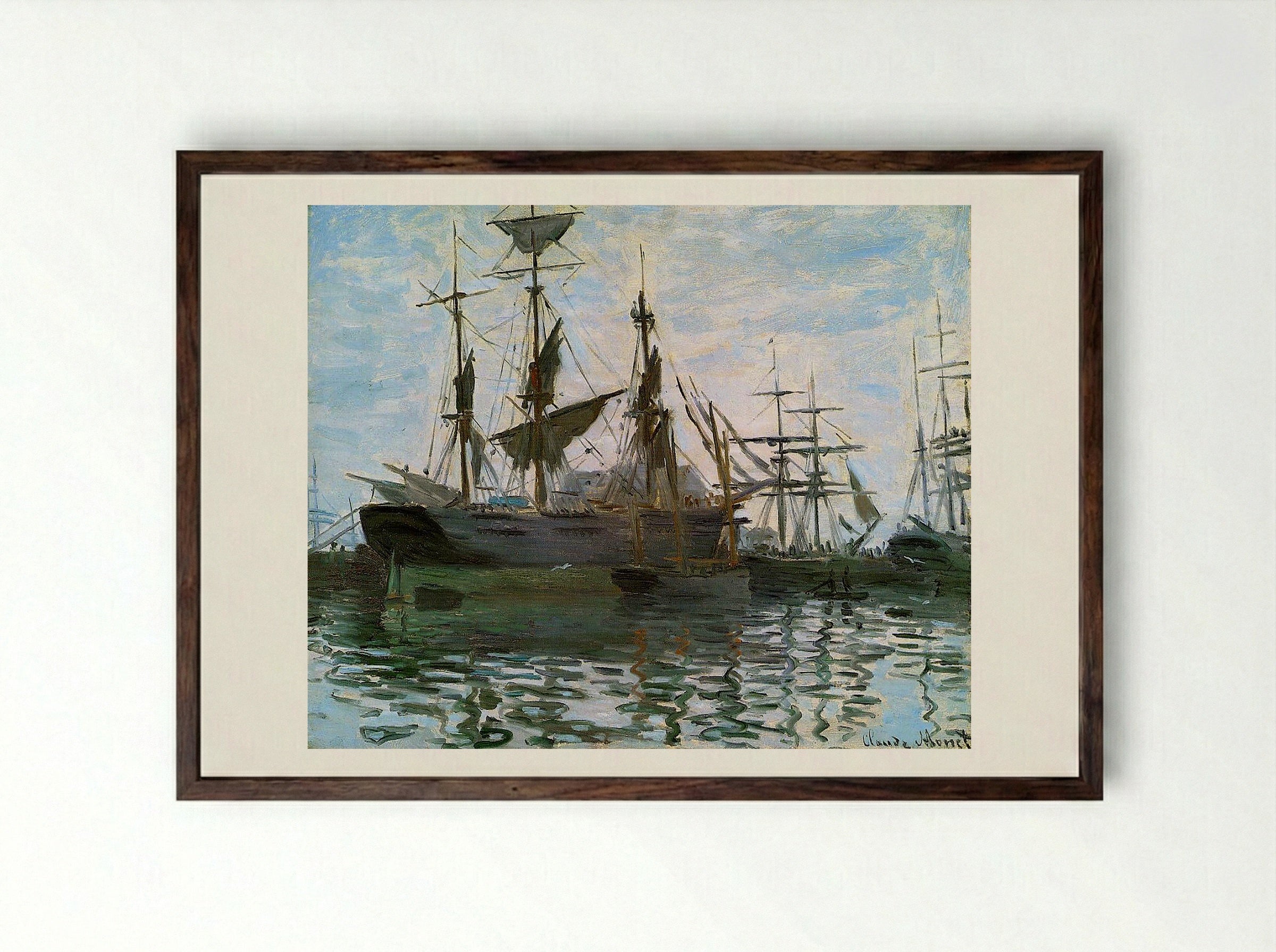 Ships in Harbour - Claude Monet - Framed Print Dark Wood